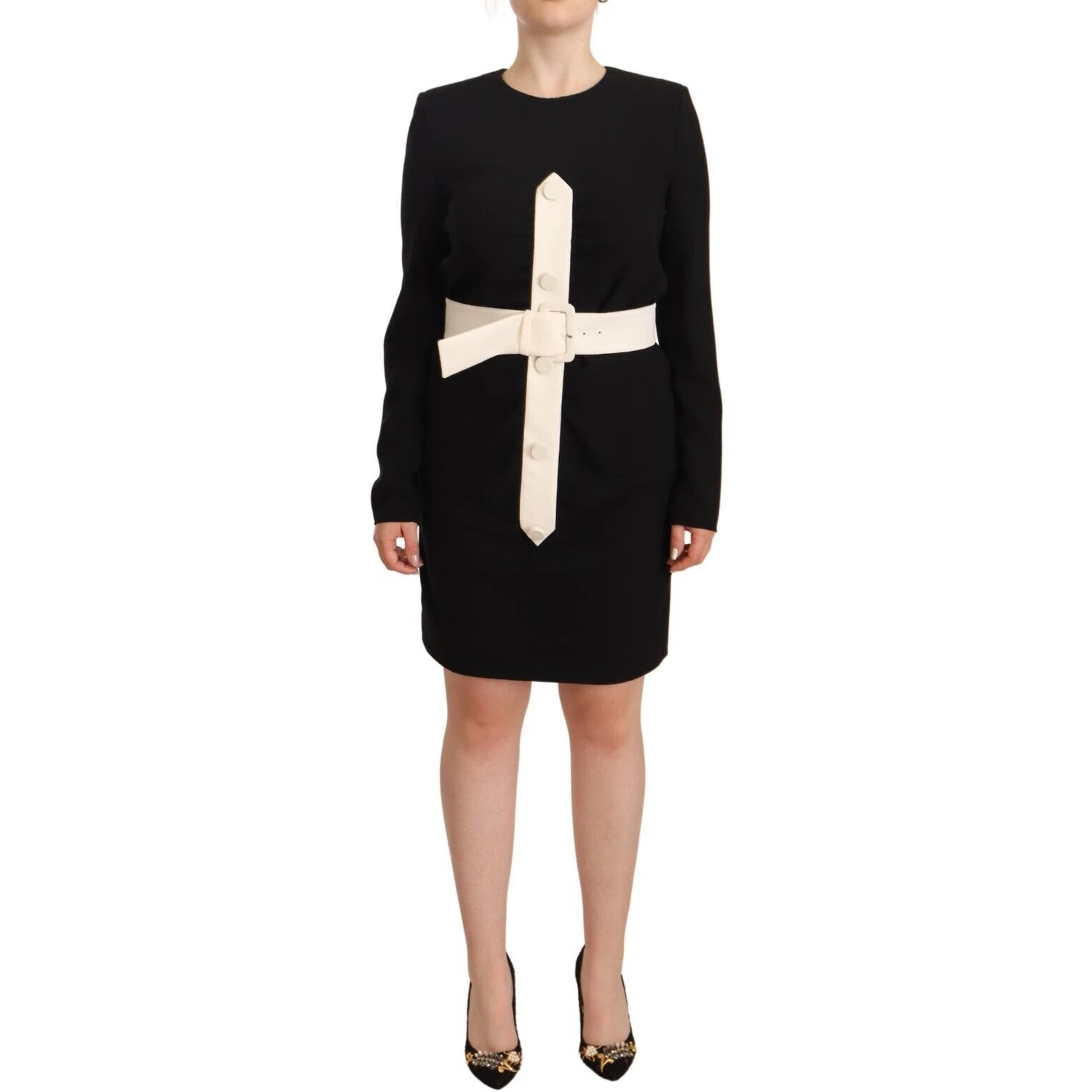 Black Wool Long Sleeves Belted Mini Sheath Dress