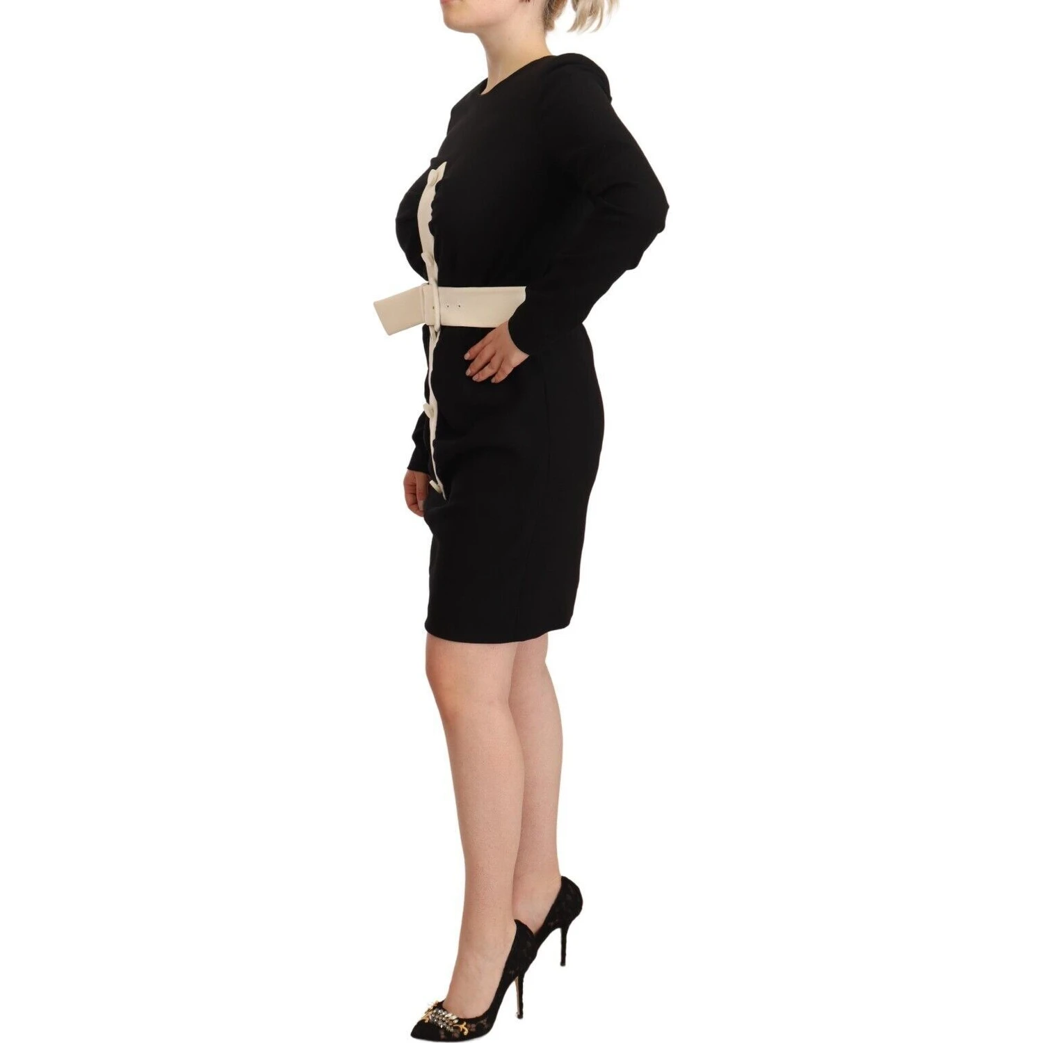 Black Wool Long Sleeves Belted Mini Sheath Dress