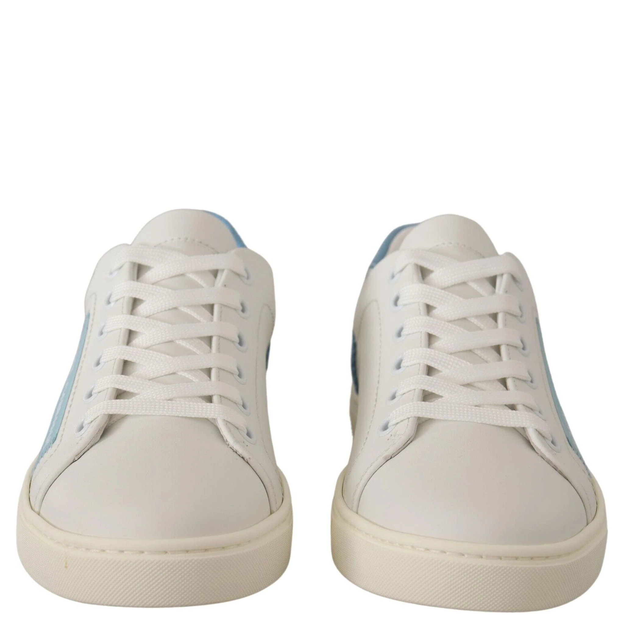White Blue Leather Low Top Sneakers Shoes