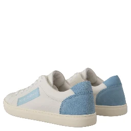 White Blue Leather Low Top Sneakers Shoes