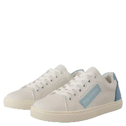 White Blue Leather Low Top Sneakers Shoes