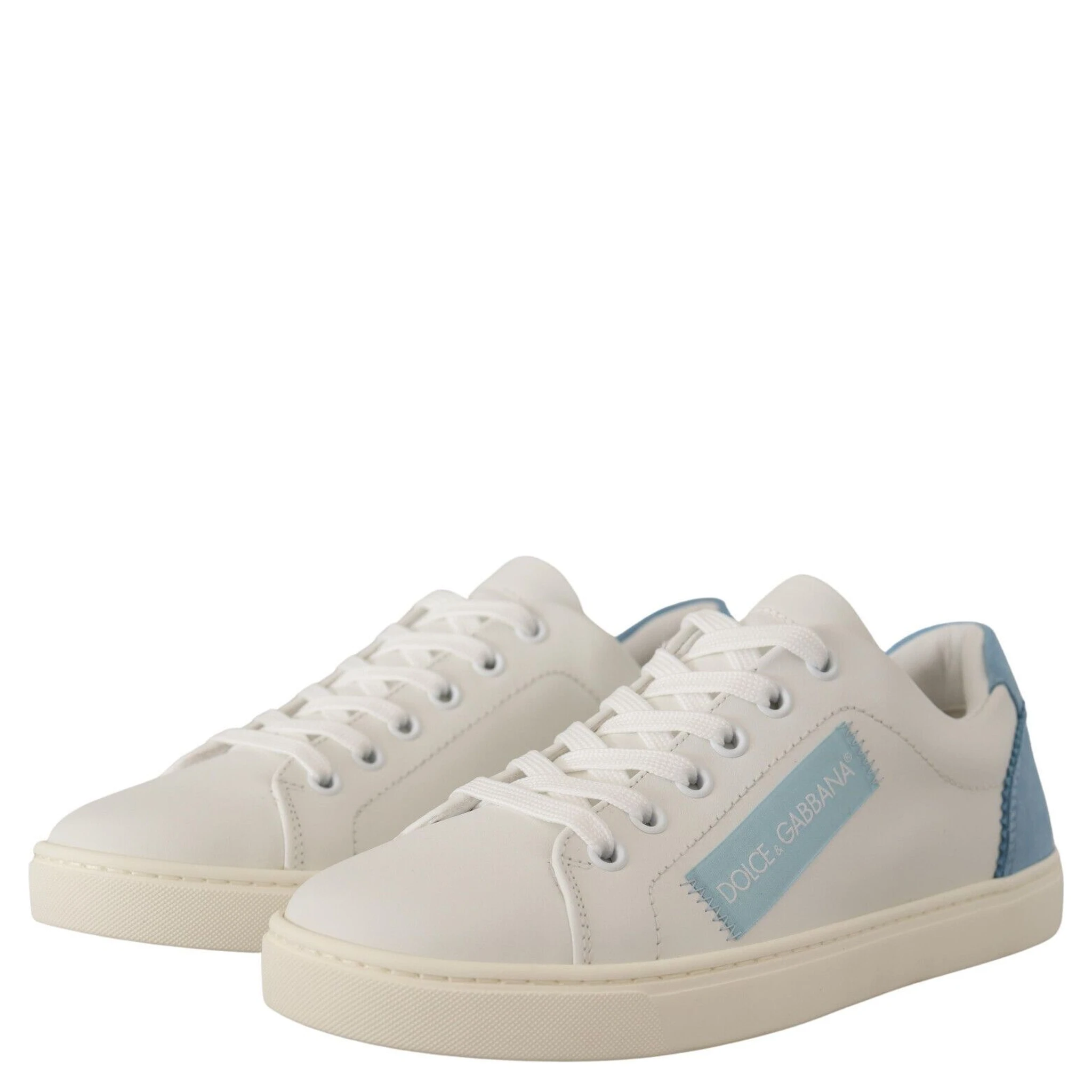 White Blue Leather Low Top Sneakers Shoes