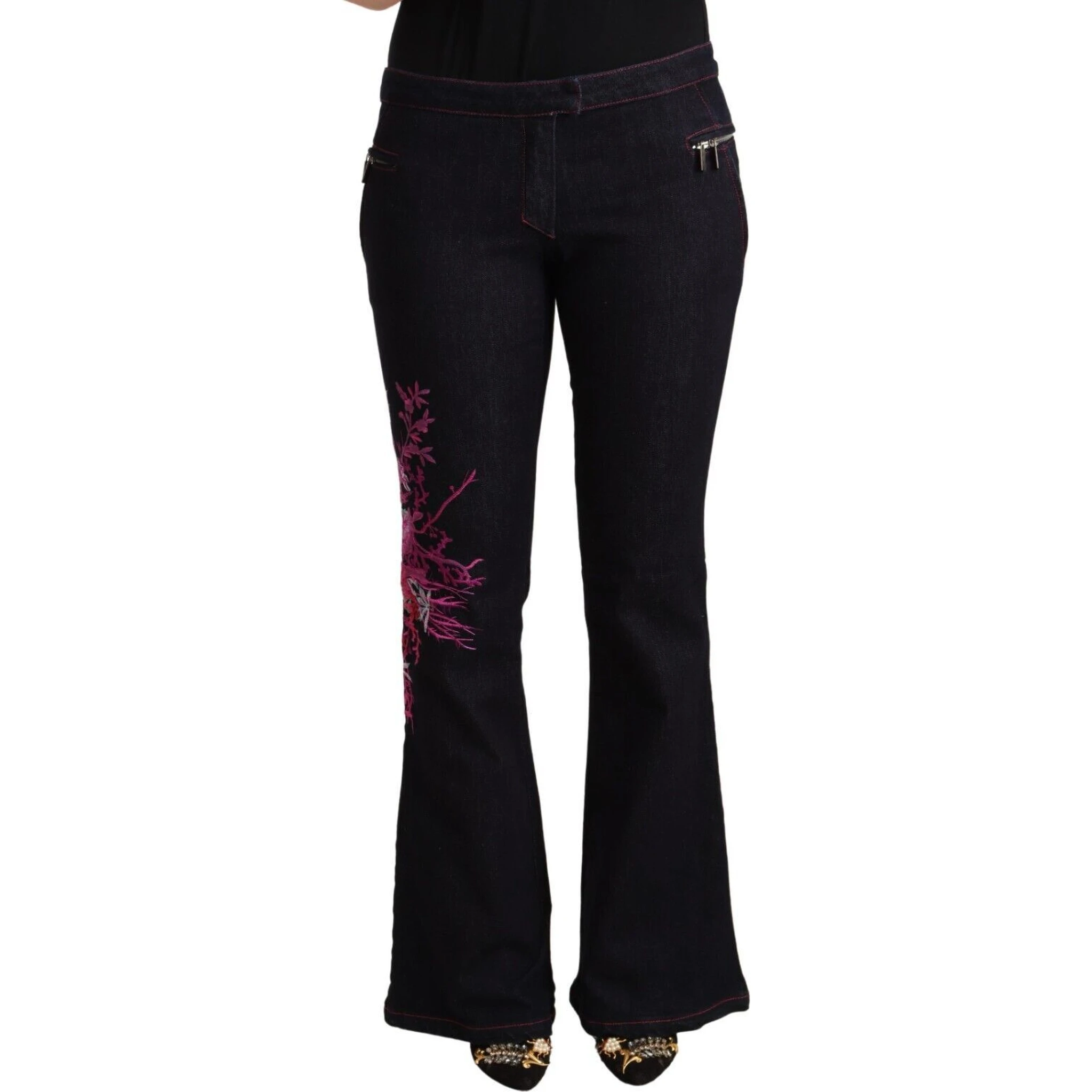 Black Cotton Mid Waist Cotton Flared Jeans
