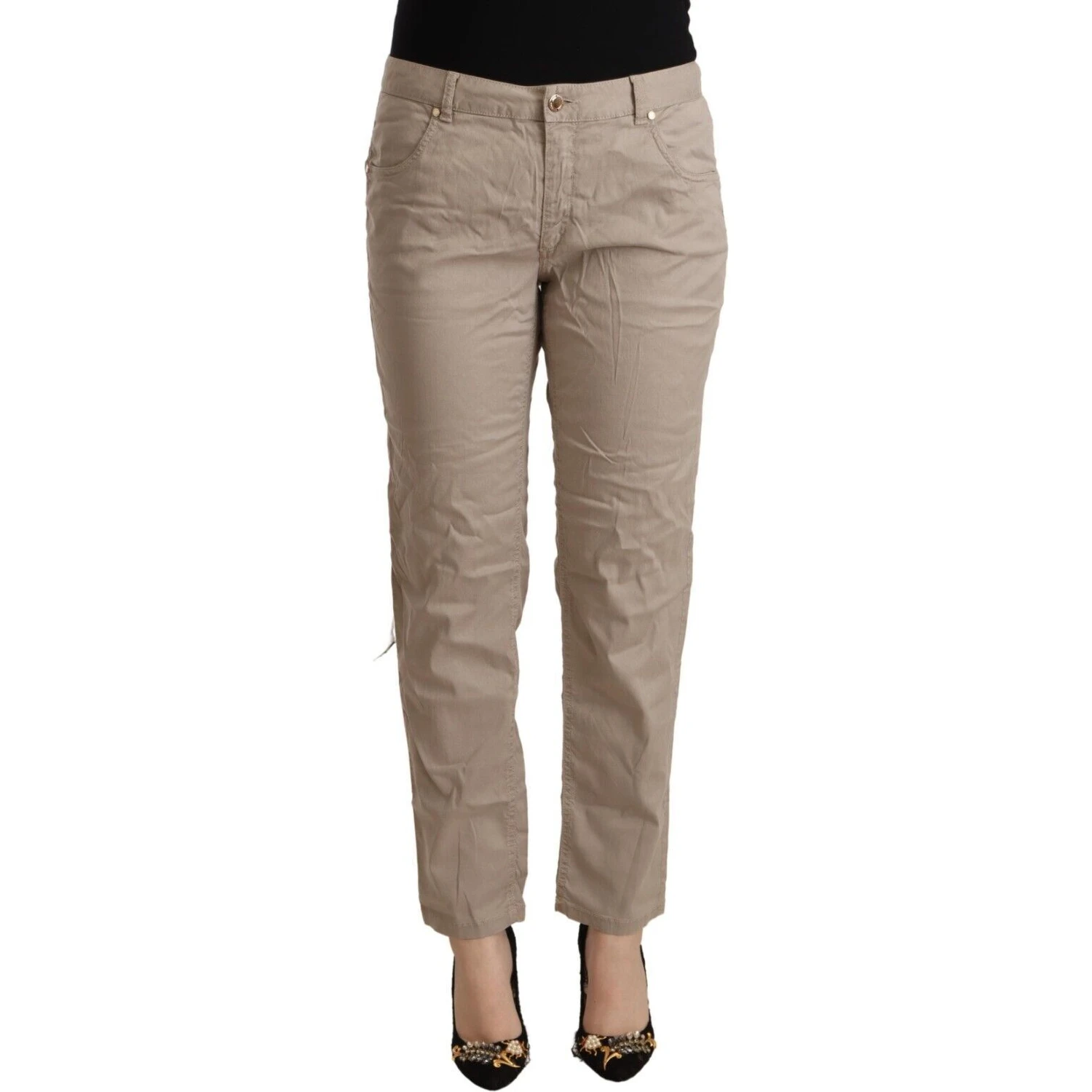 Beige Tencel Mid Waist Tapered Casual Pants