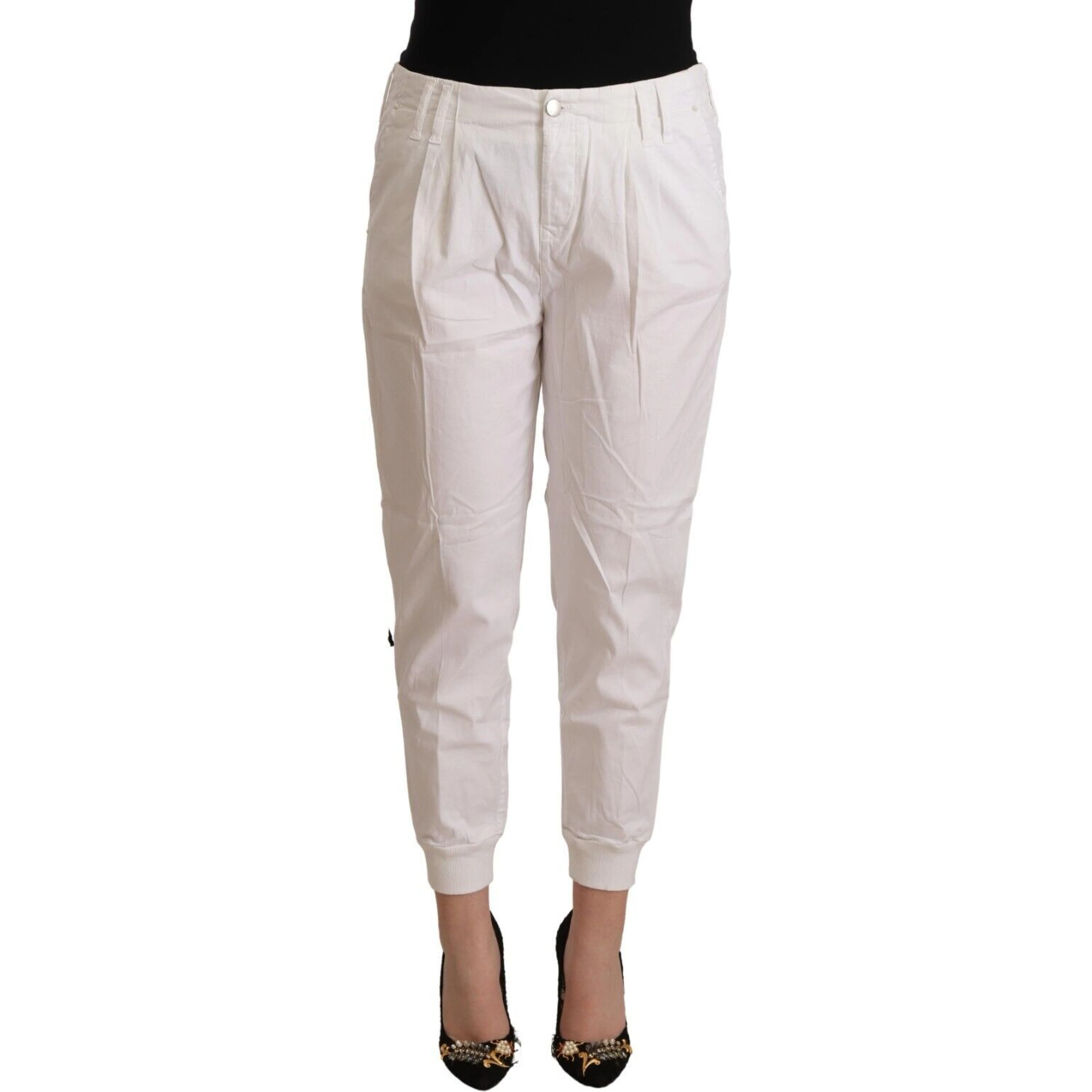 White Cotton Mid Waist Tapered Cropped Pants