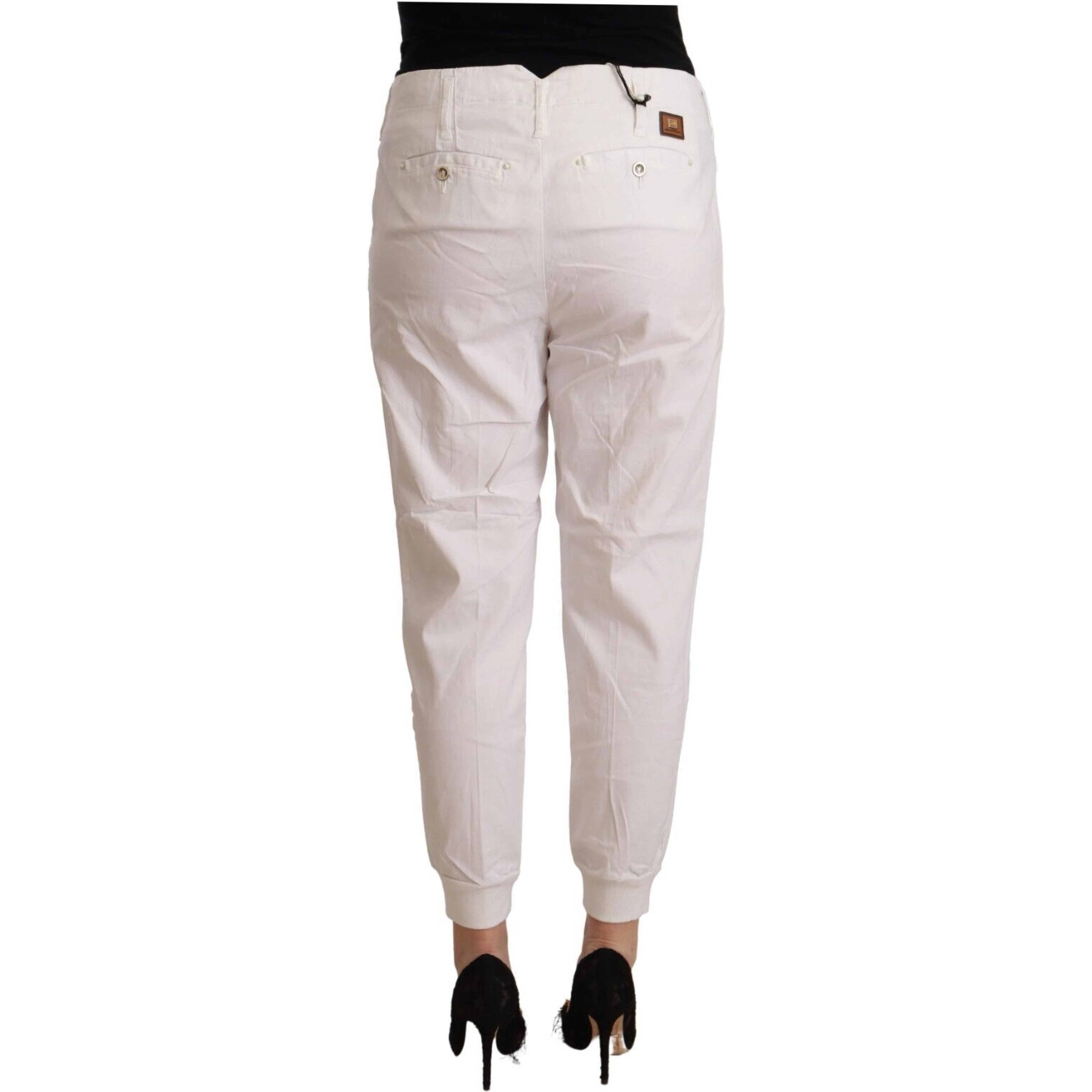 White Cotton Mid Waist Tapered Cropped Pants