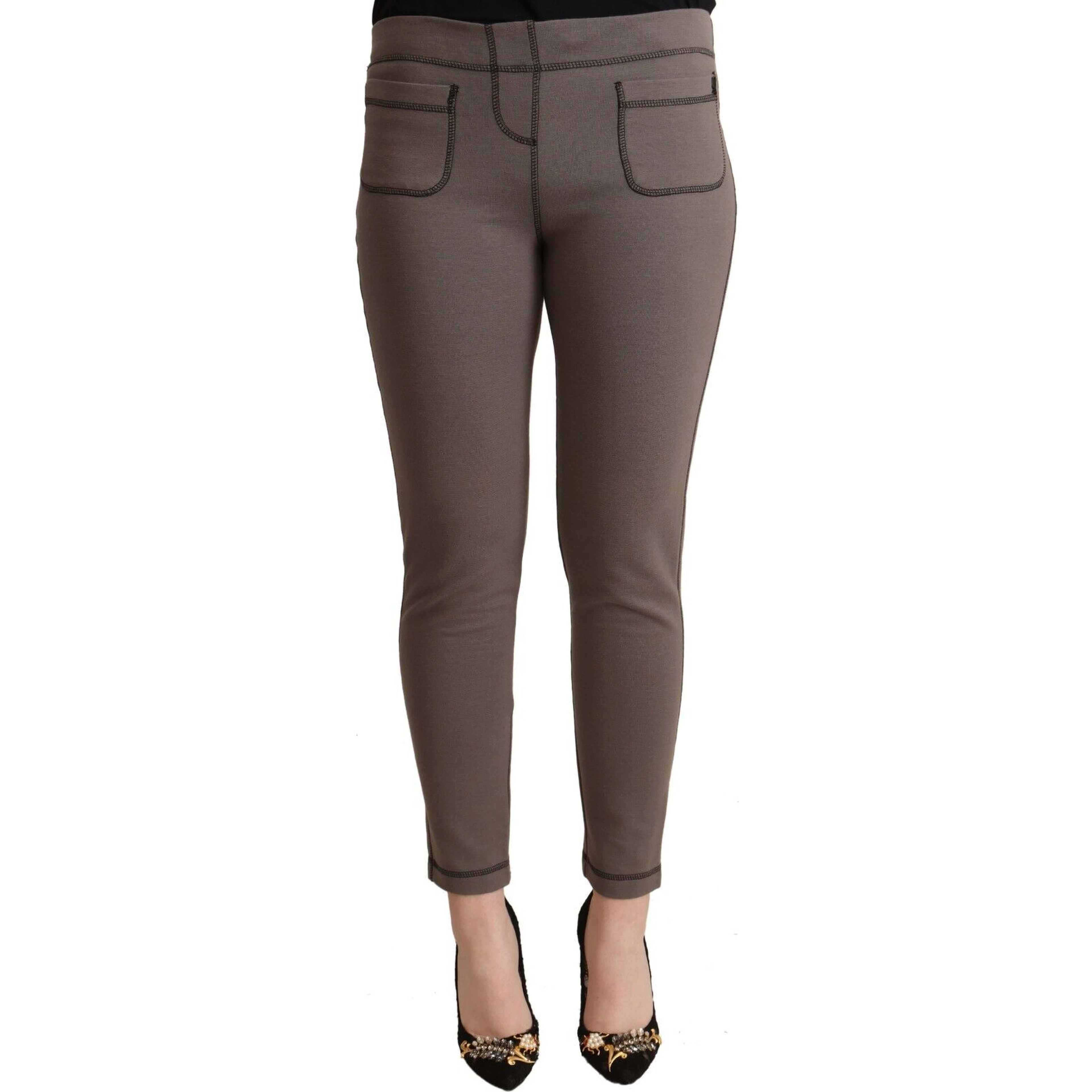 Gray Cotton Mid Waist Stretch Leggings Cropped Pants
