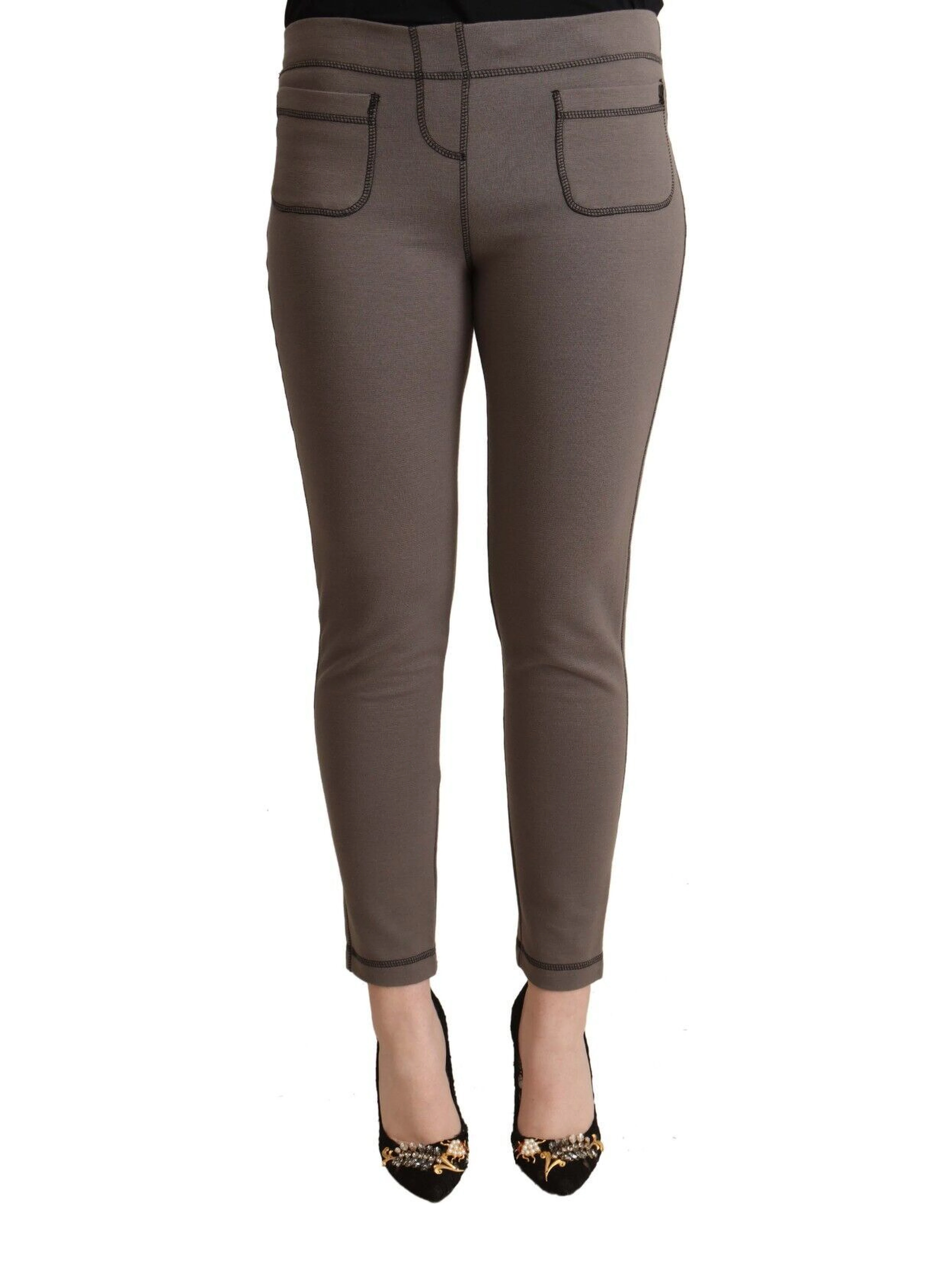 Gray Cotton Mid Waist Stretch Leggings Cropped Pants