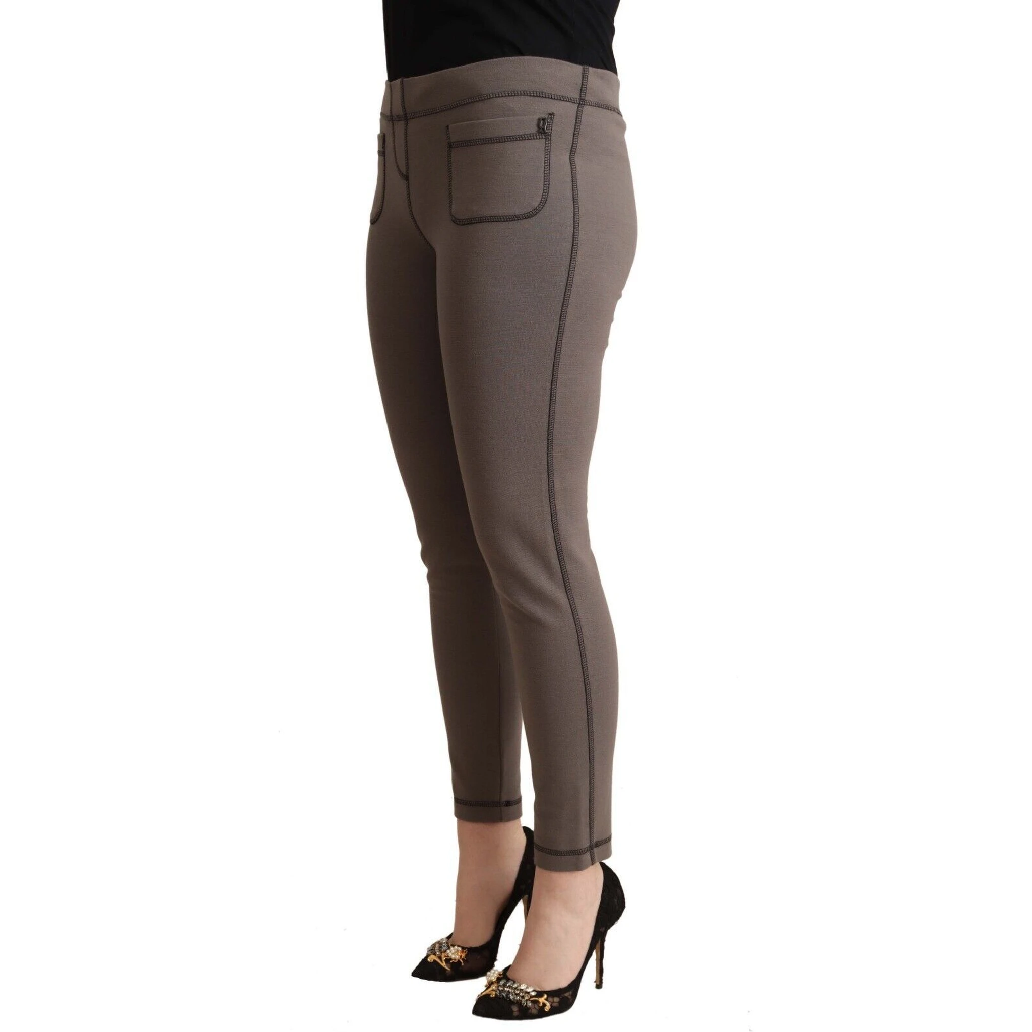 Gray Cotton Mid Waist Stretch Leggings Cropped Pants