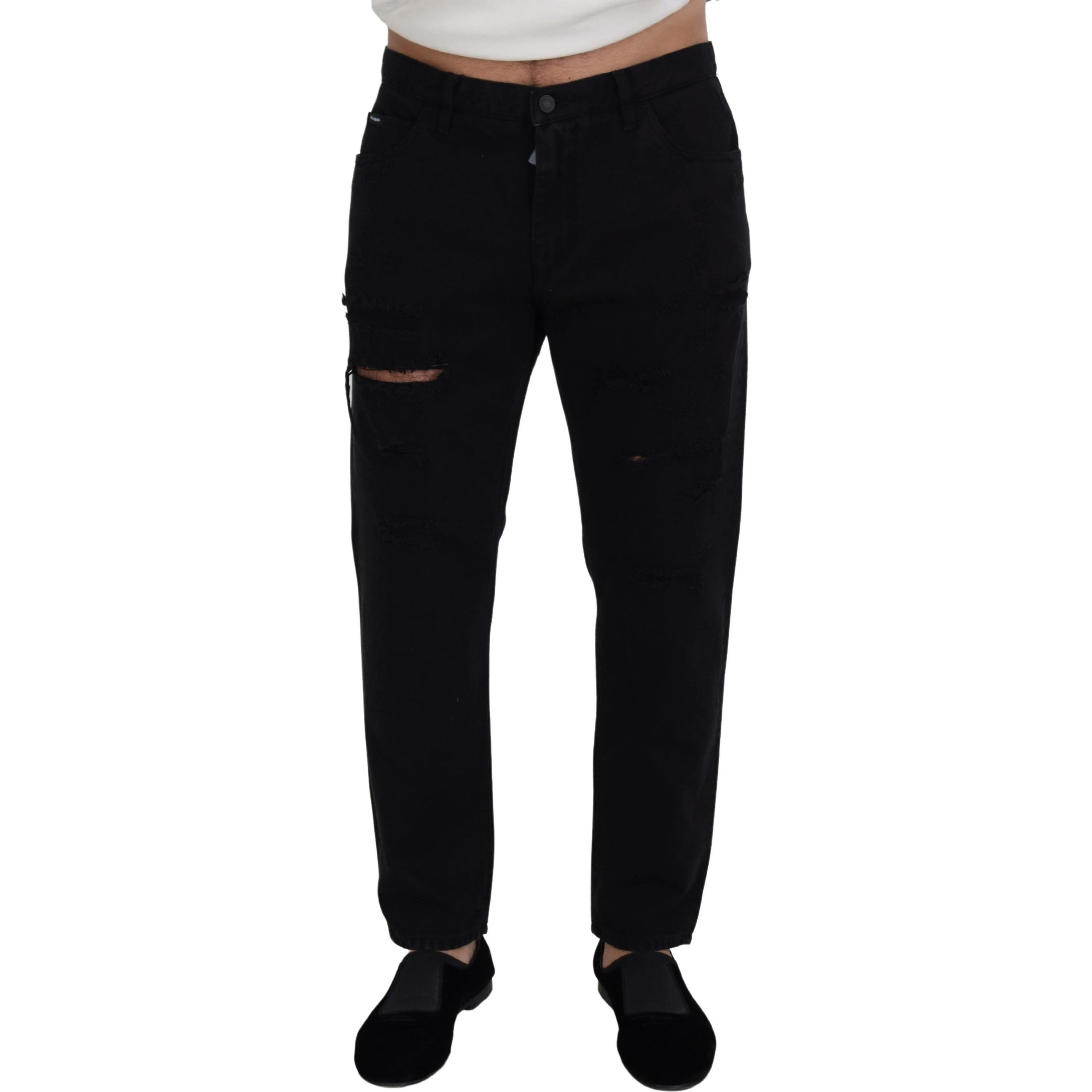 Black Loose Regular Torn Cotton Jeans