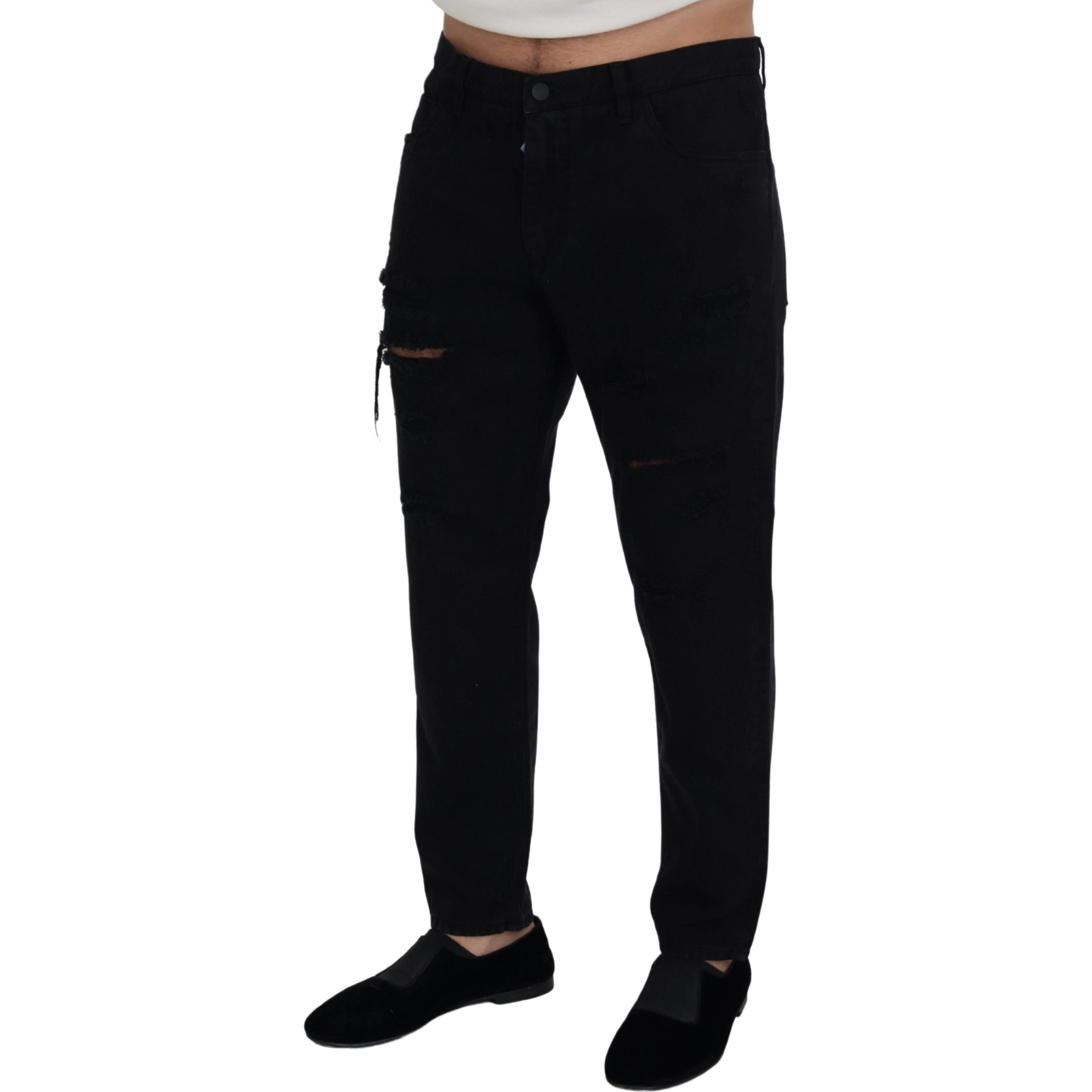 Black Loose Regular Torn Cotton Jeans