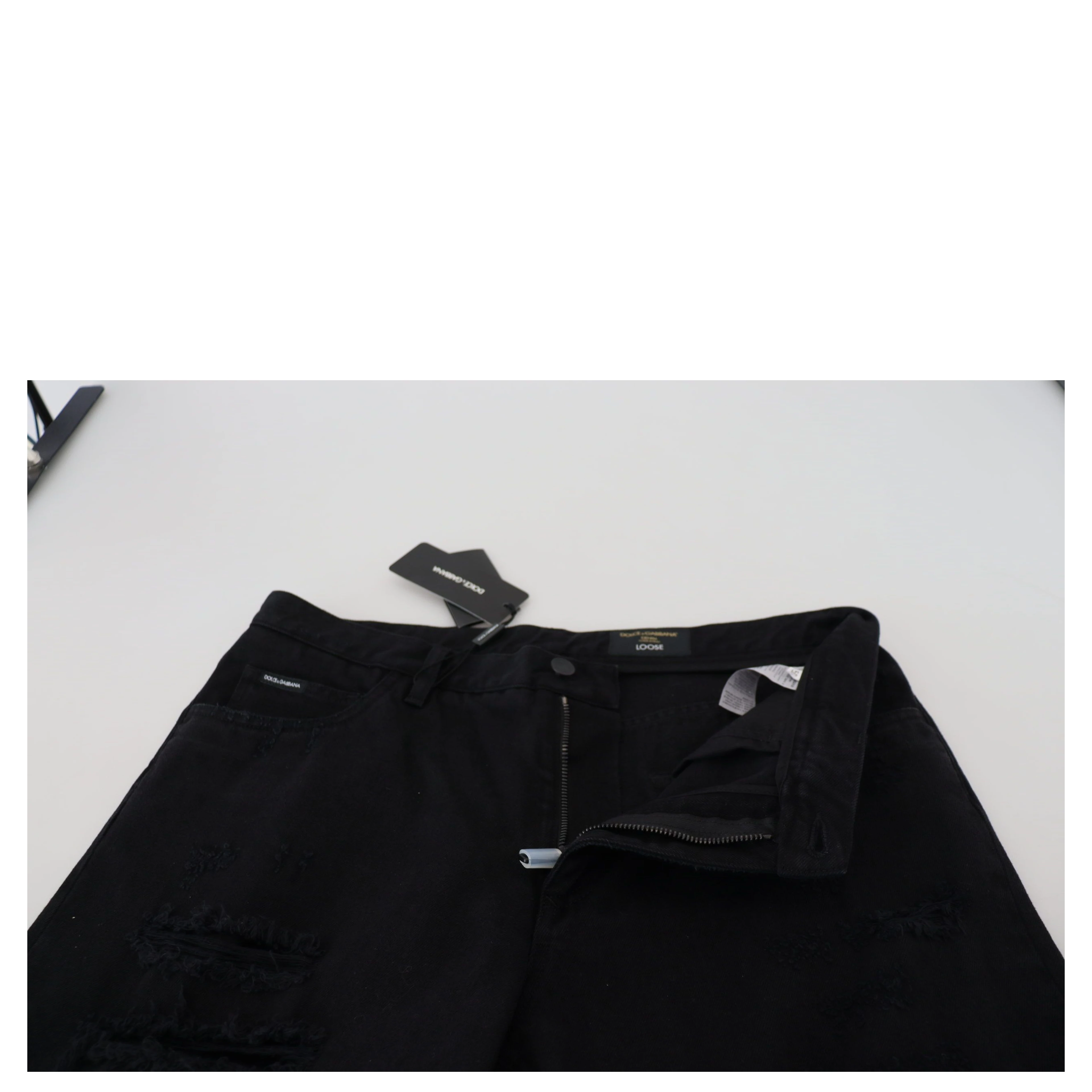 Black Loose Regular Torn Cotton Jeans