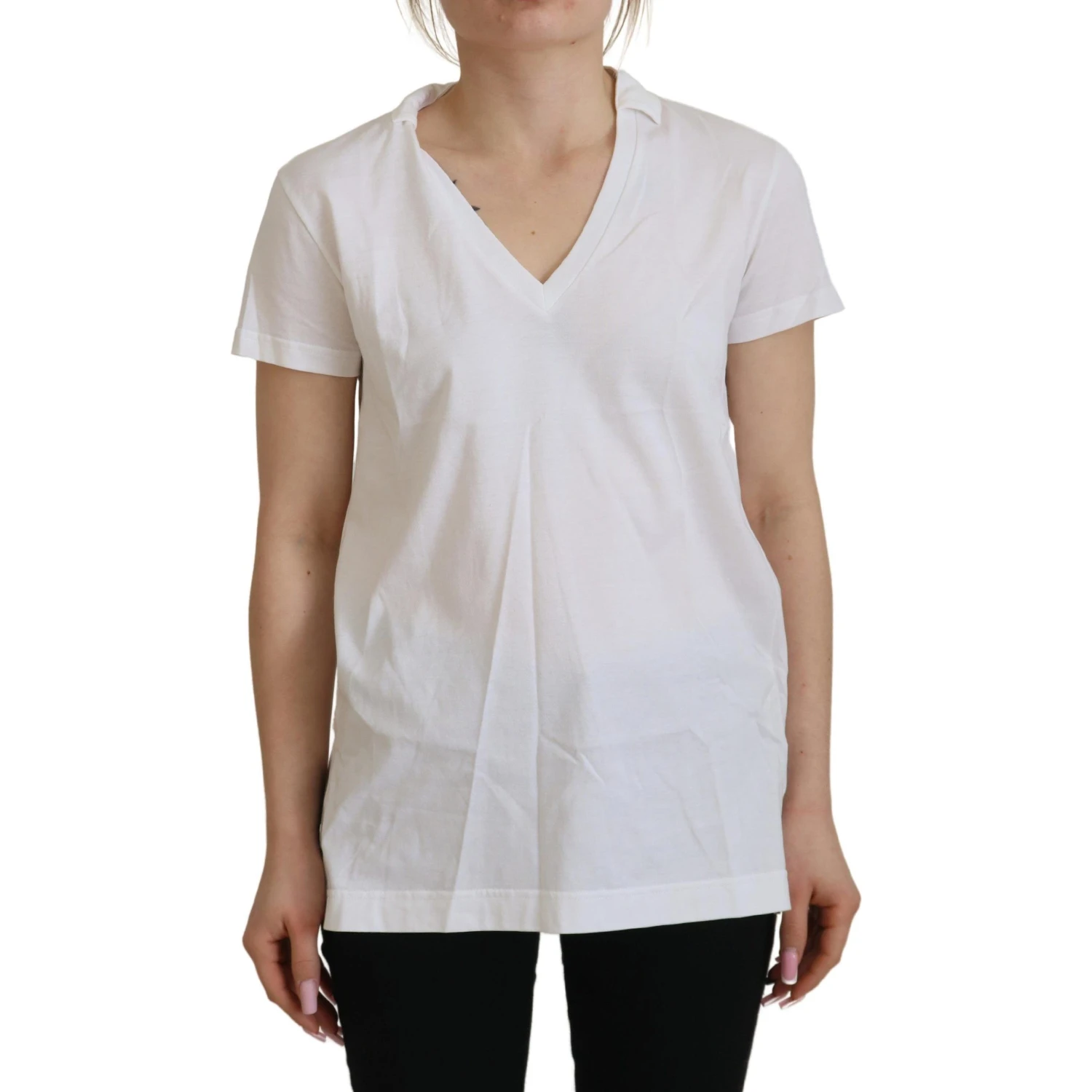 White Short Sleeve V-neck Cotton Top Blouse T-shirt