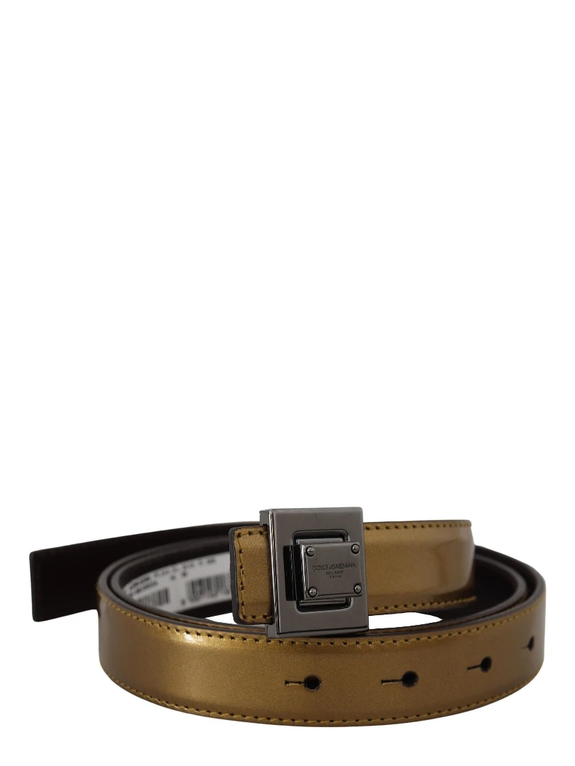 Gold Leather Silver Square Metal Buckle Belt