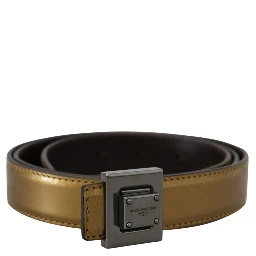 Gold Leather Silver Square Metal Buckle Belt