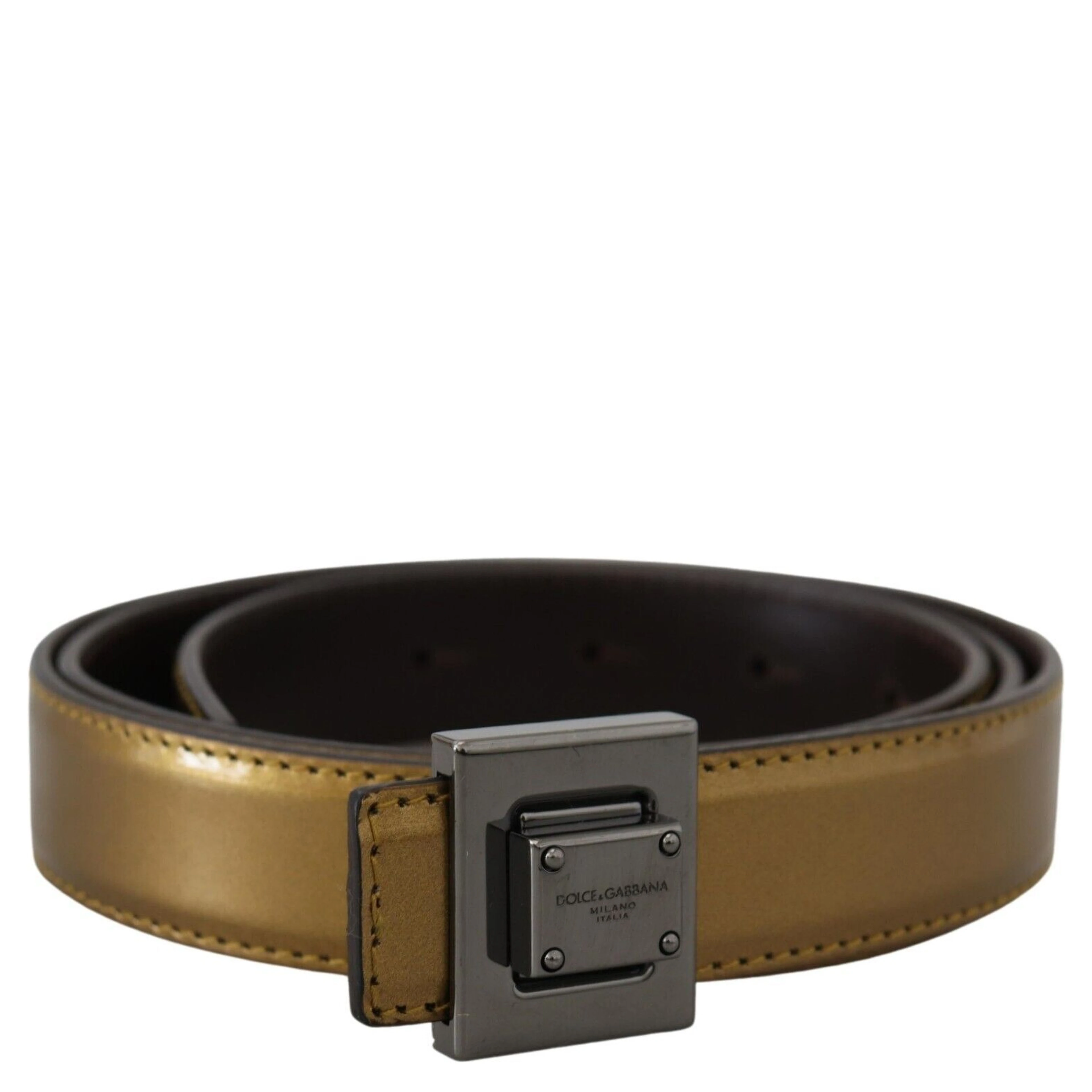 Gold Leather Silver Square Metal Buckle Belt