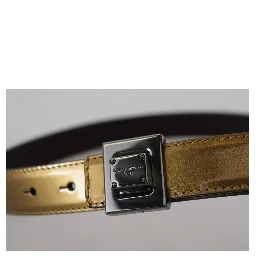 Gold Leather Silver Square Metal Buckle Belt