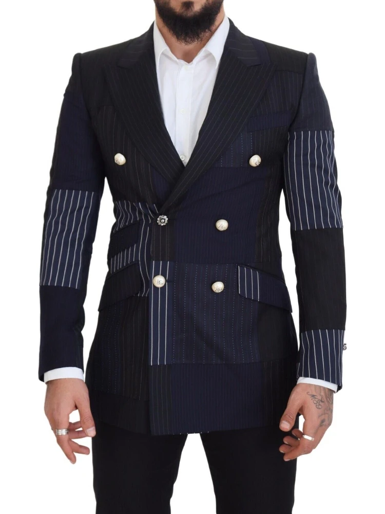 Blue Wool Patchwork Double Breasted Blazer