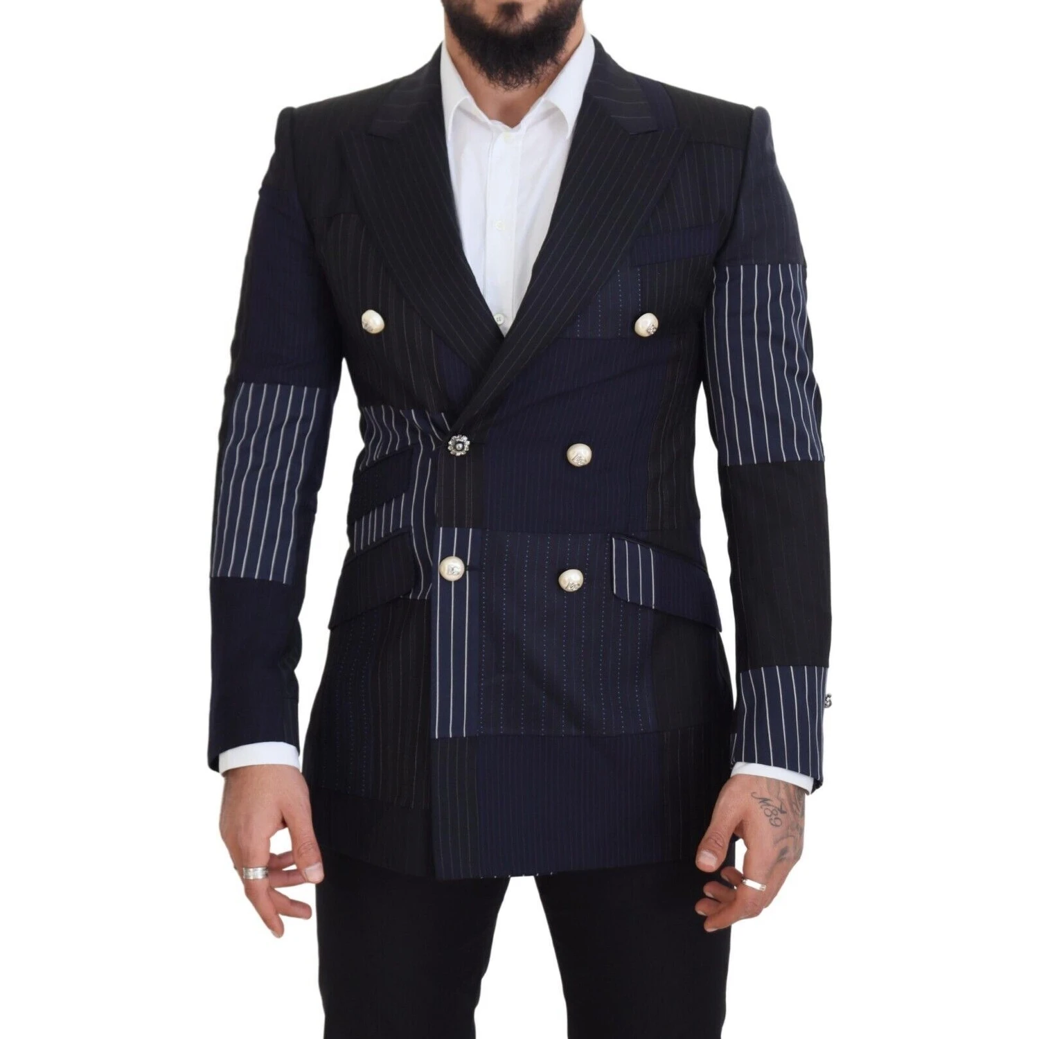 Blue Wool Patchwork Double Breasted Blazer