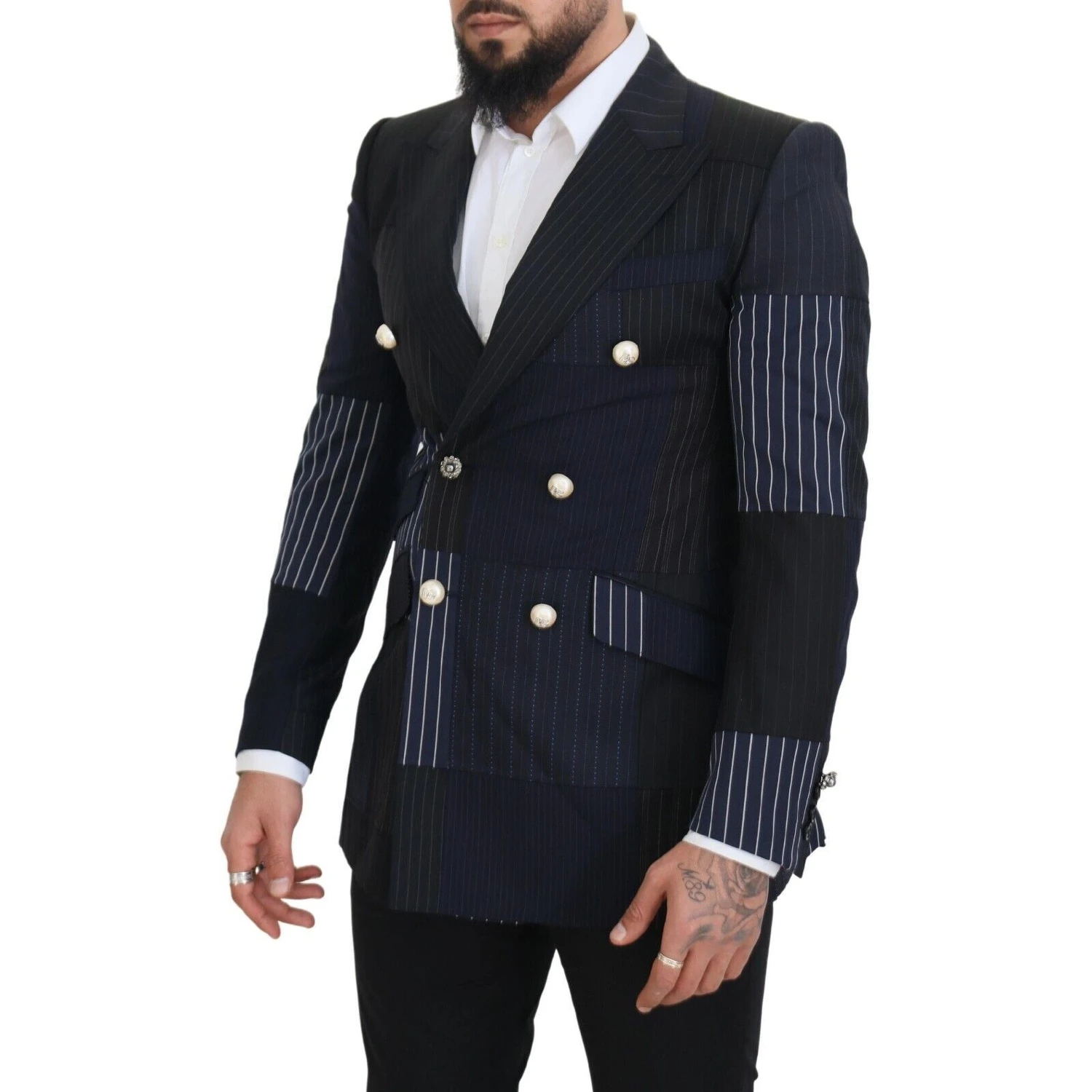 Blue Wool Patchwork Double Breasted Blazer