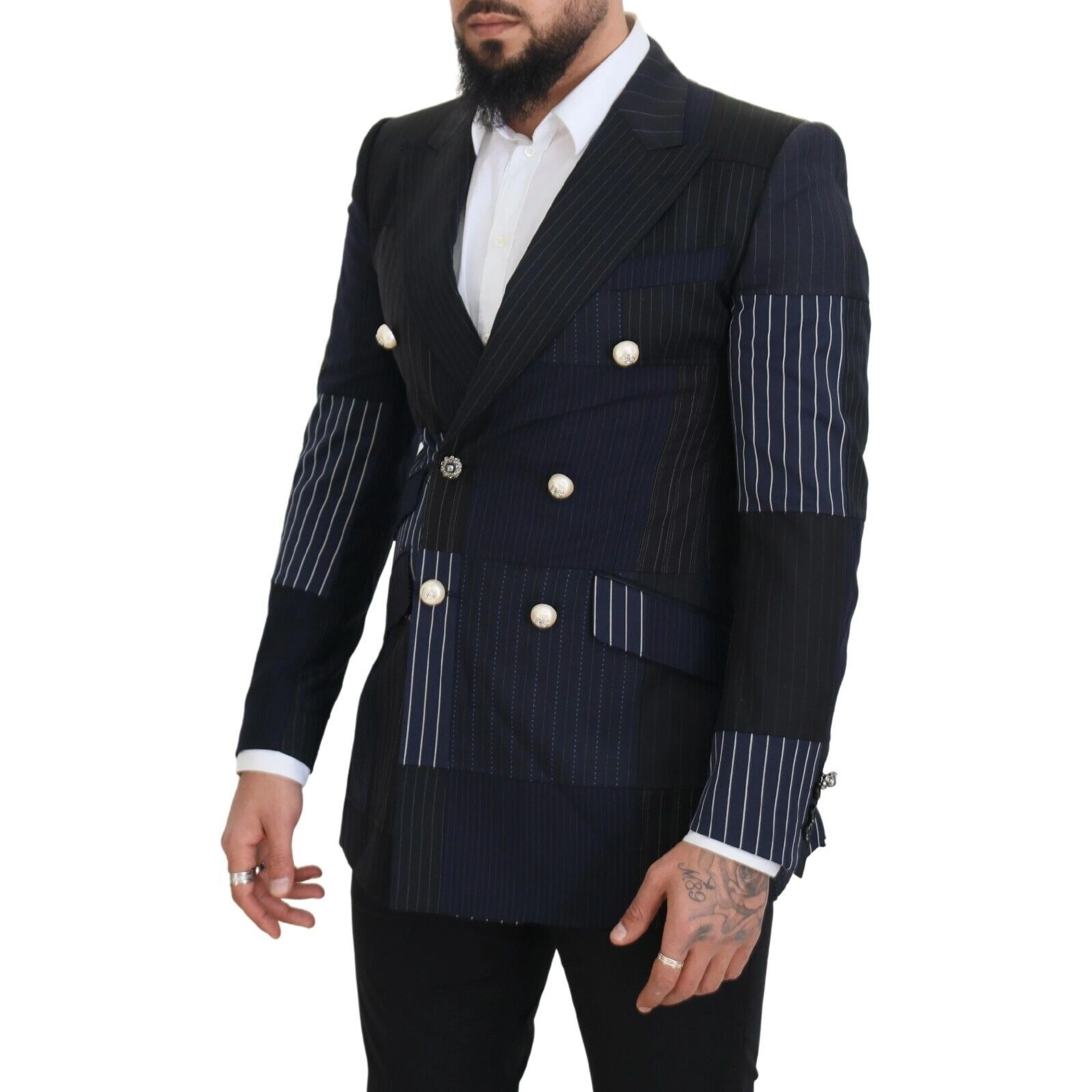 Blue Wool Patchwork Double Breasted Blazer
