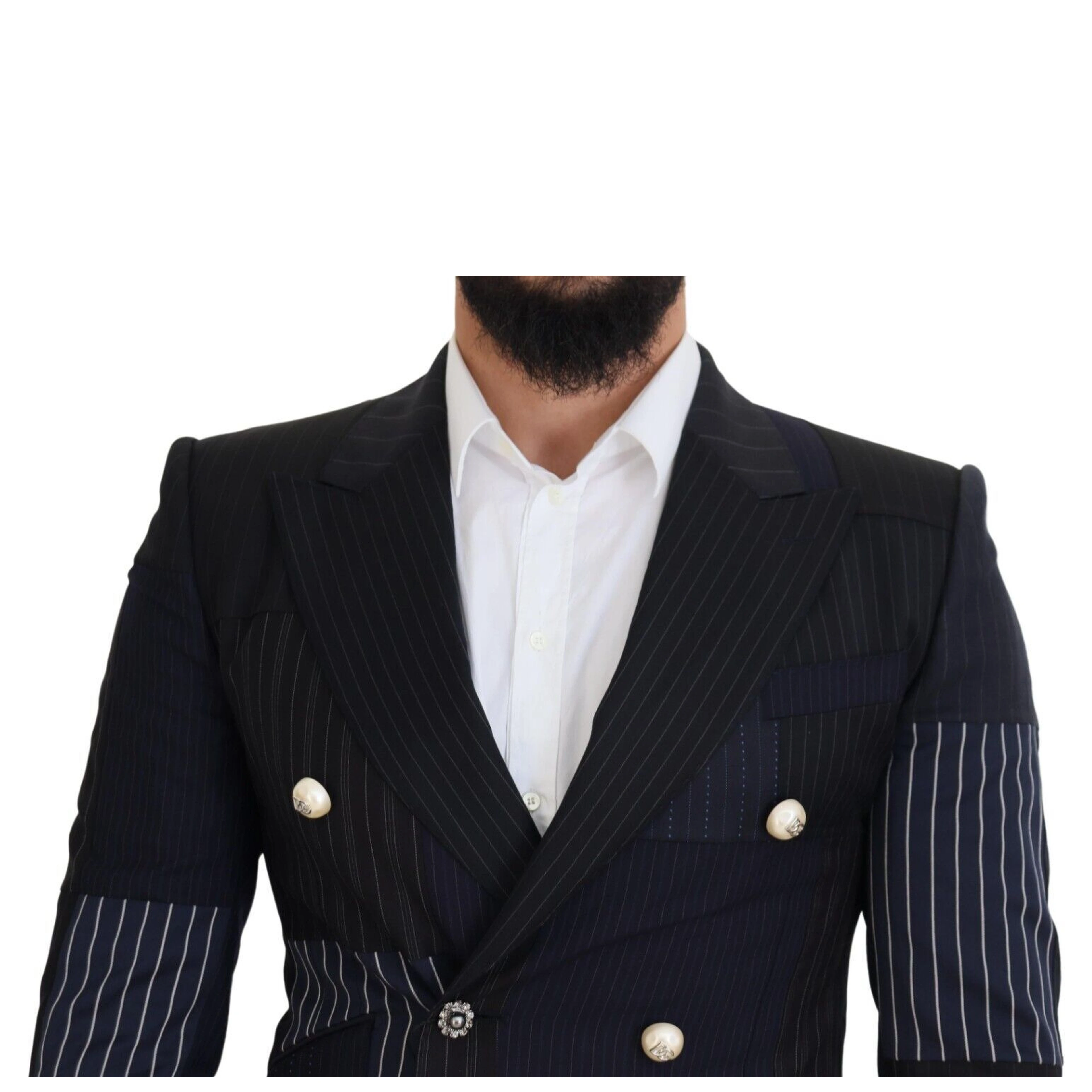 Blue Wool Patchwork Double Breasted Blazer