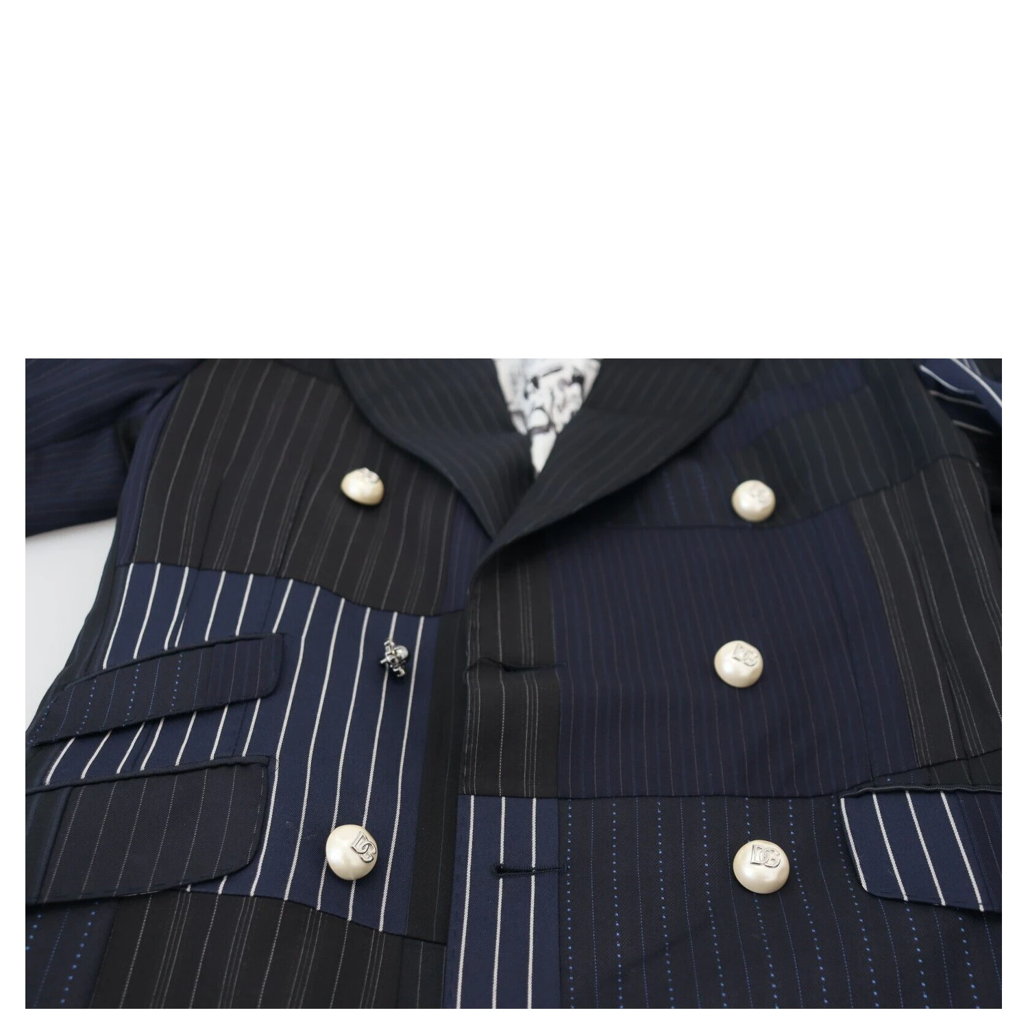 Blue Wool Patchwork Double Breasted Blazer