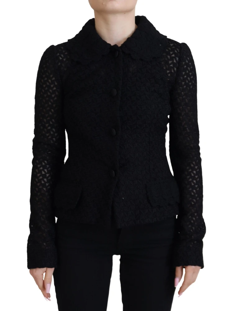 Black Wool Knitted Button Down Collar Jacket
