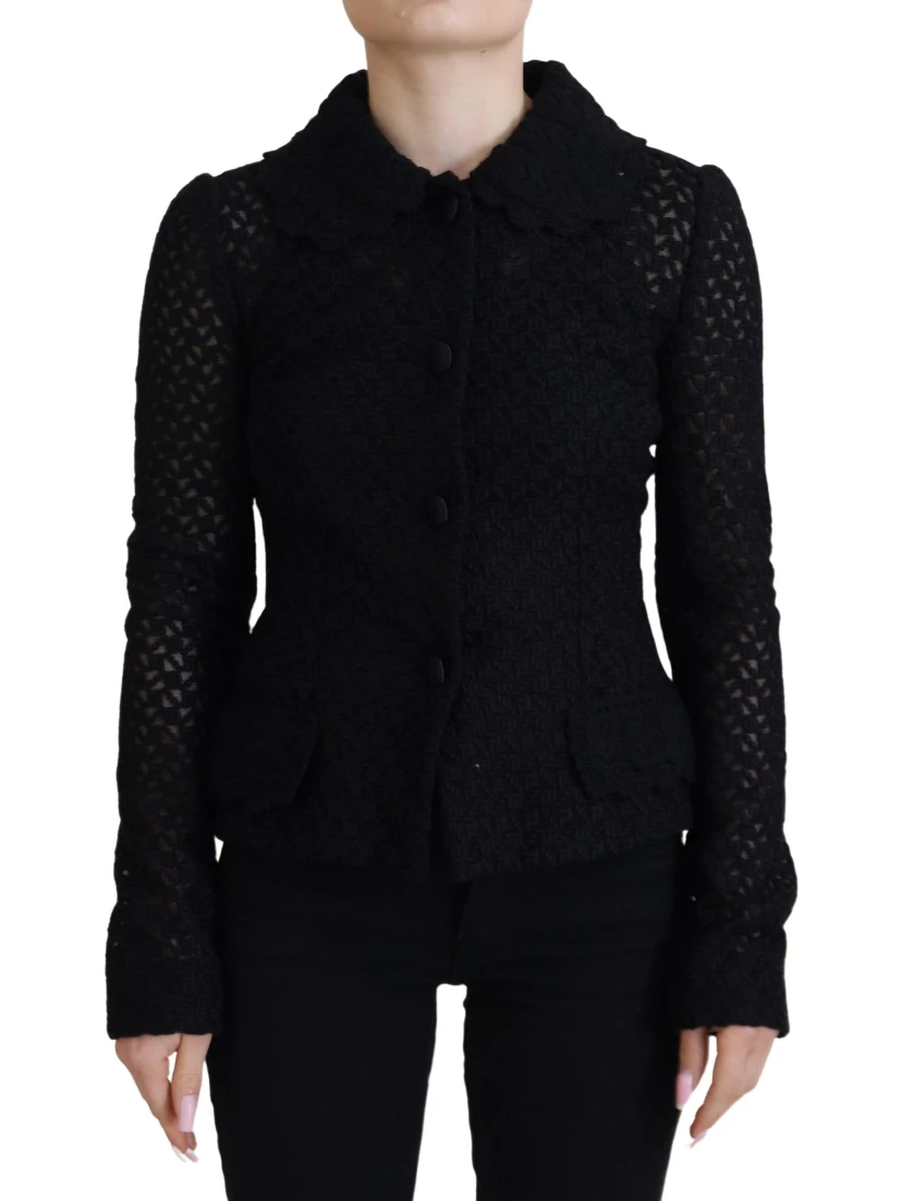 Black Wool Knitted Button Down Collar Jacket
