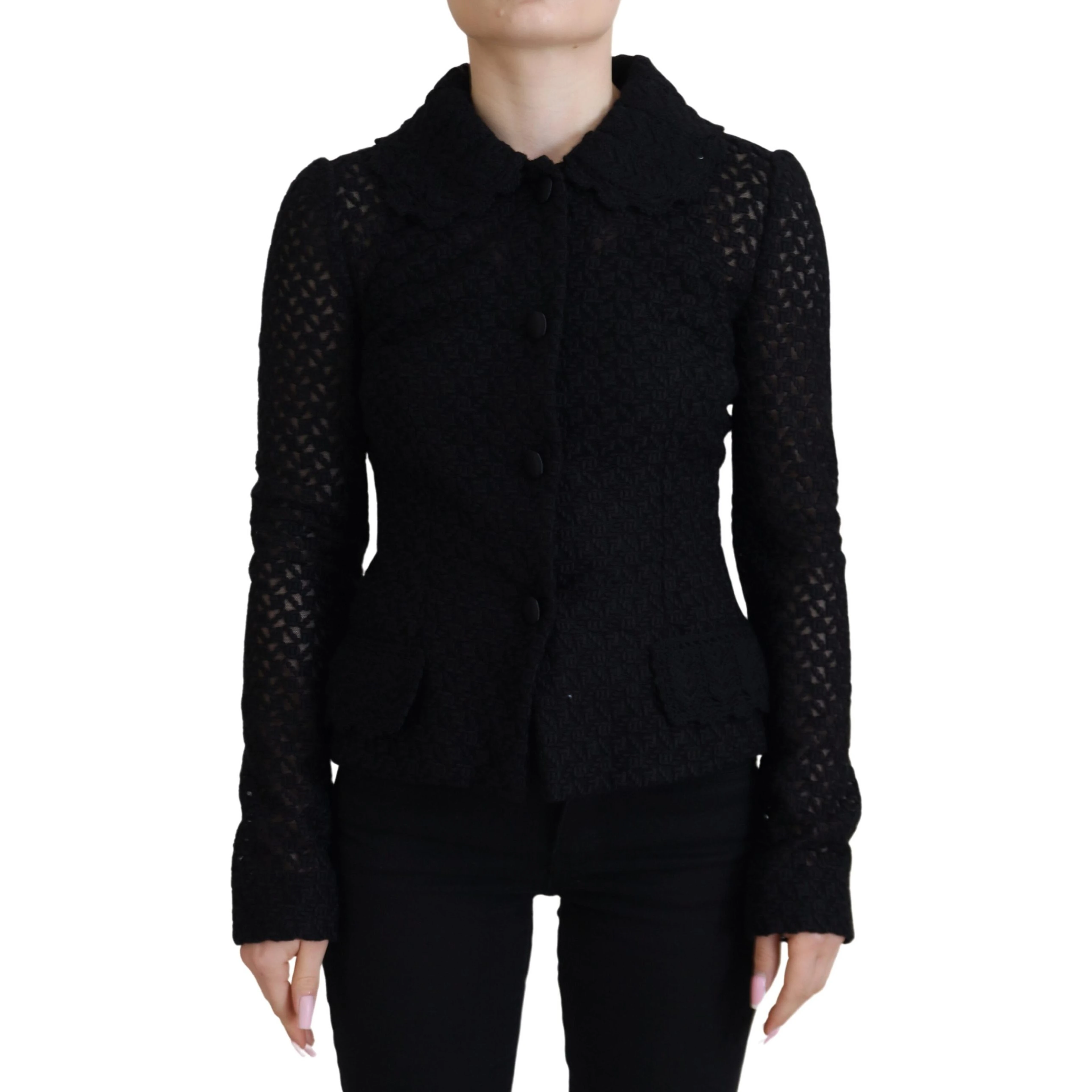 Black Wool Knitted Button Down Collar Jacket