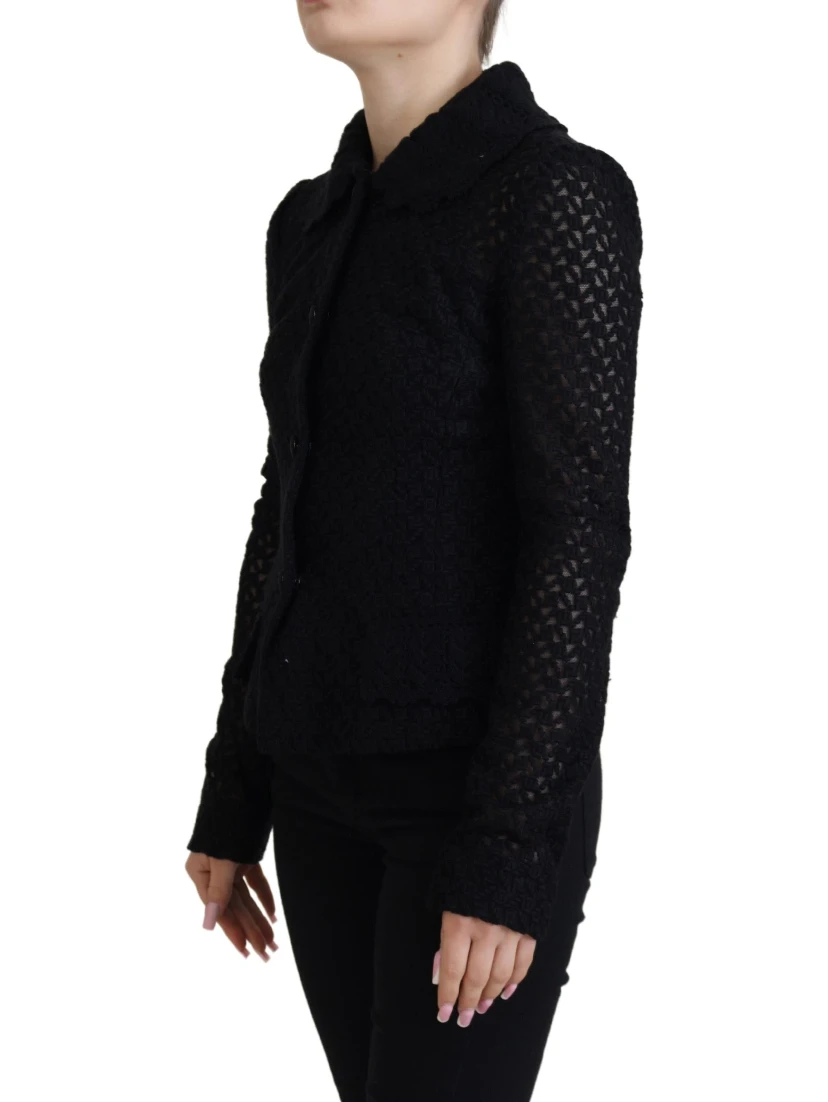 Black Wool Knitted Button Down Collar Jacket