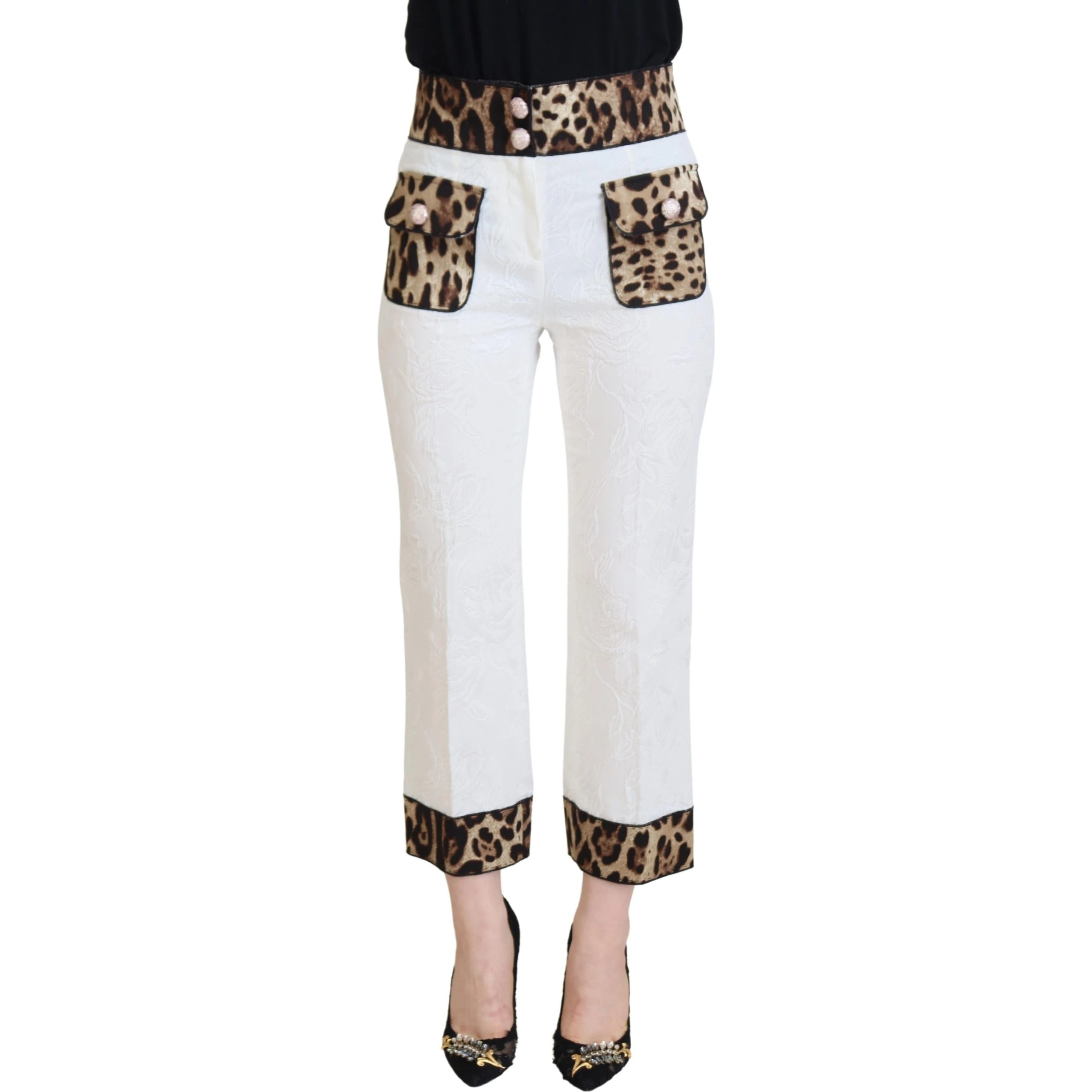 White Leopard Print High Waist Pants