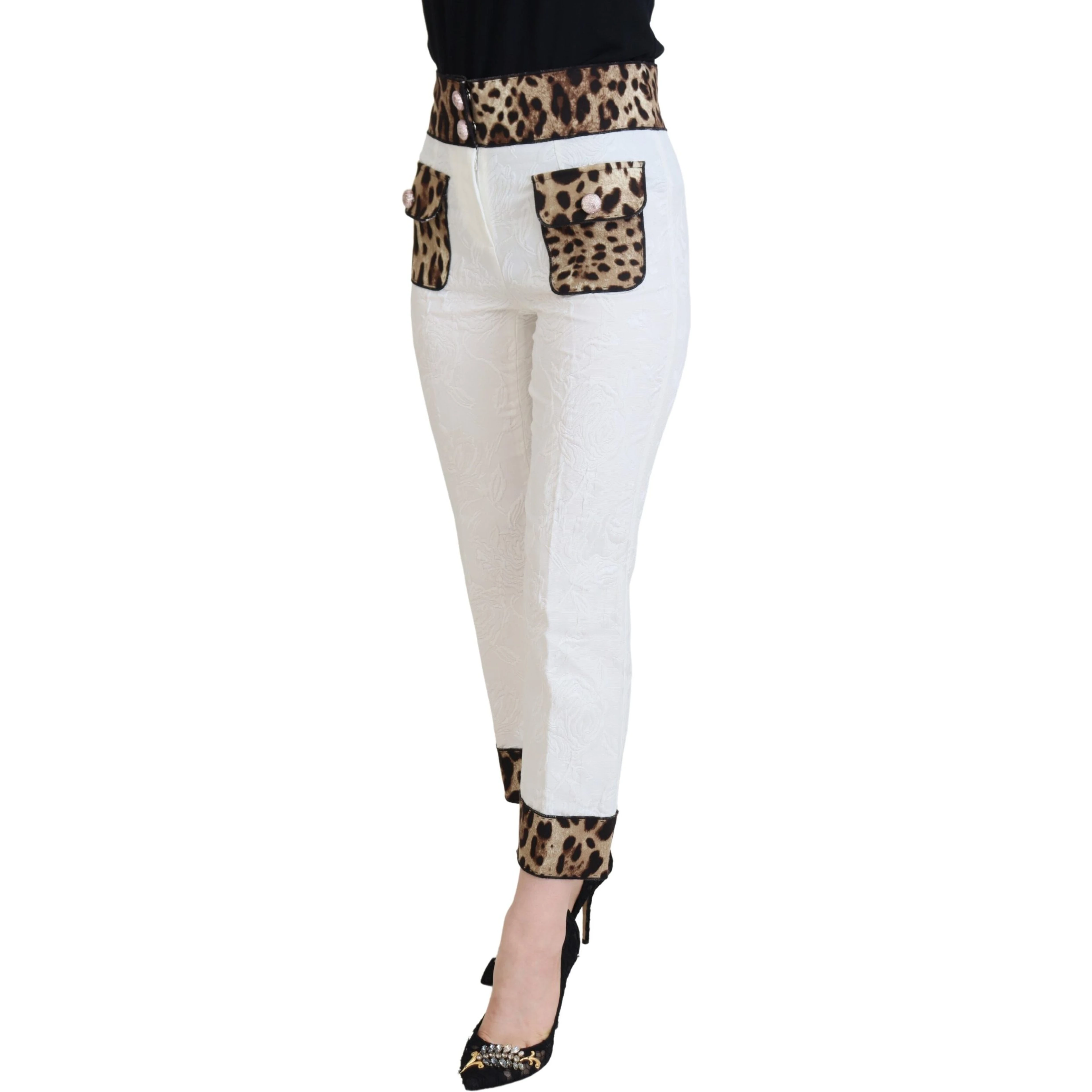 White Leopard Print High Waist Pants