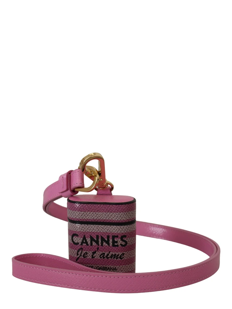 Pink Black Leather Strap Gold Metal Logo Airpods Case