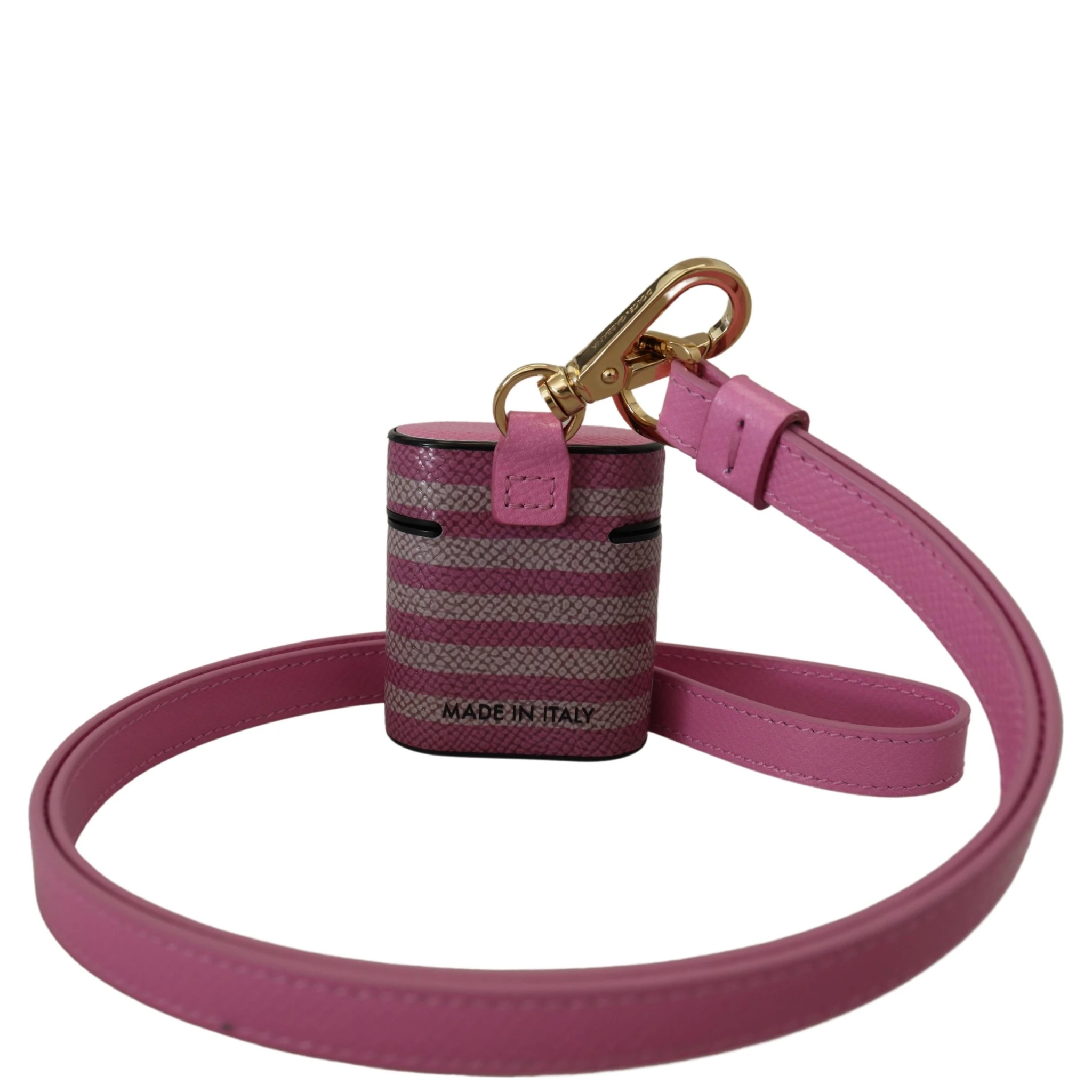 Pink Black Leather Strap Gold Metal Logo Airpods Case