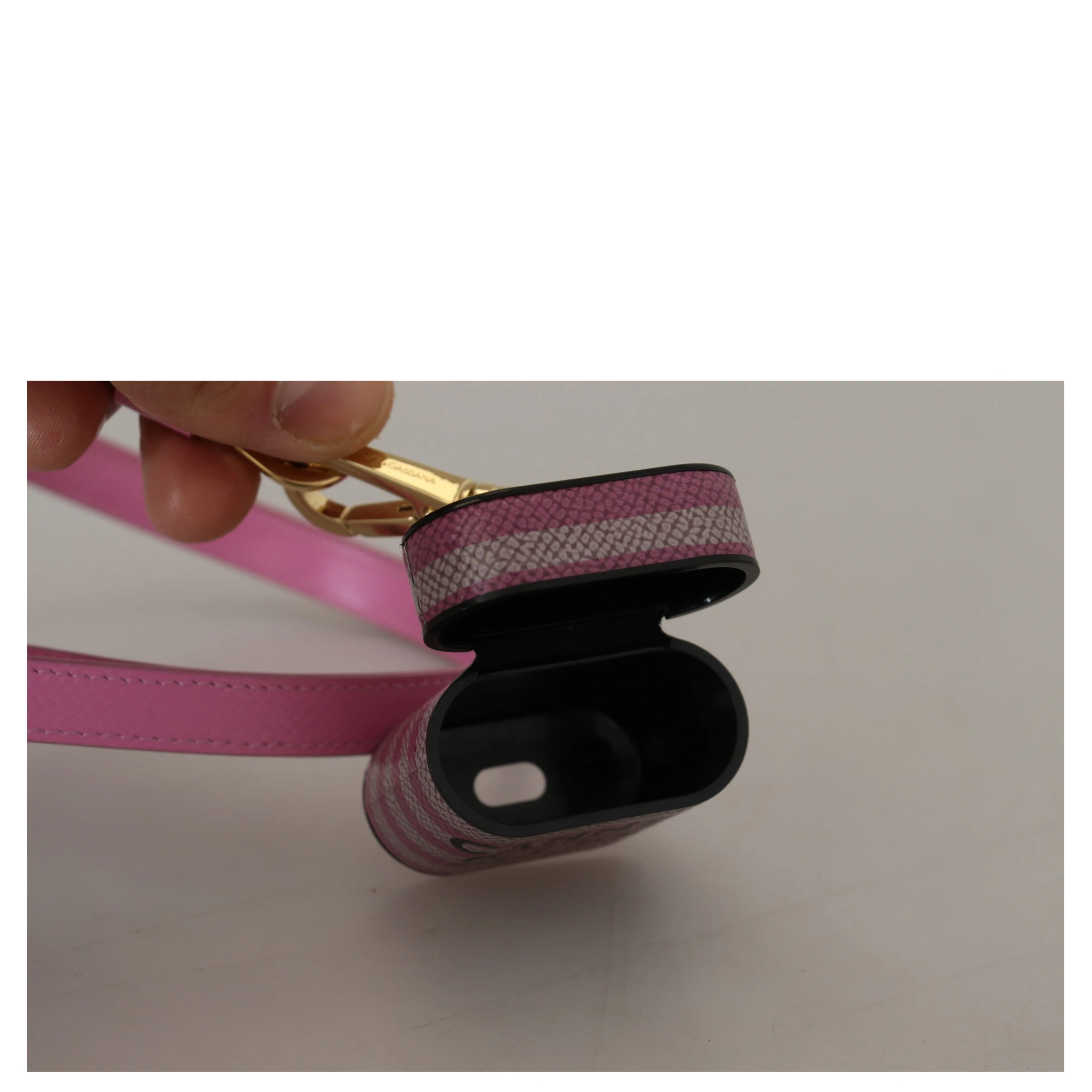 Pink Black Leather Strap Gold Metal Logo Airpods Case