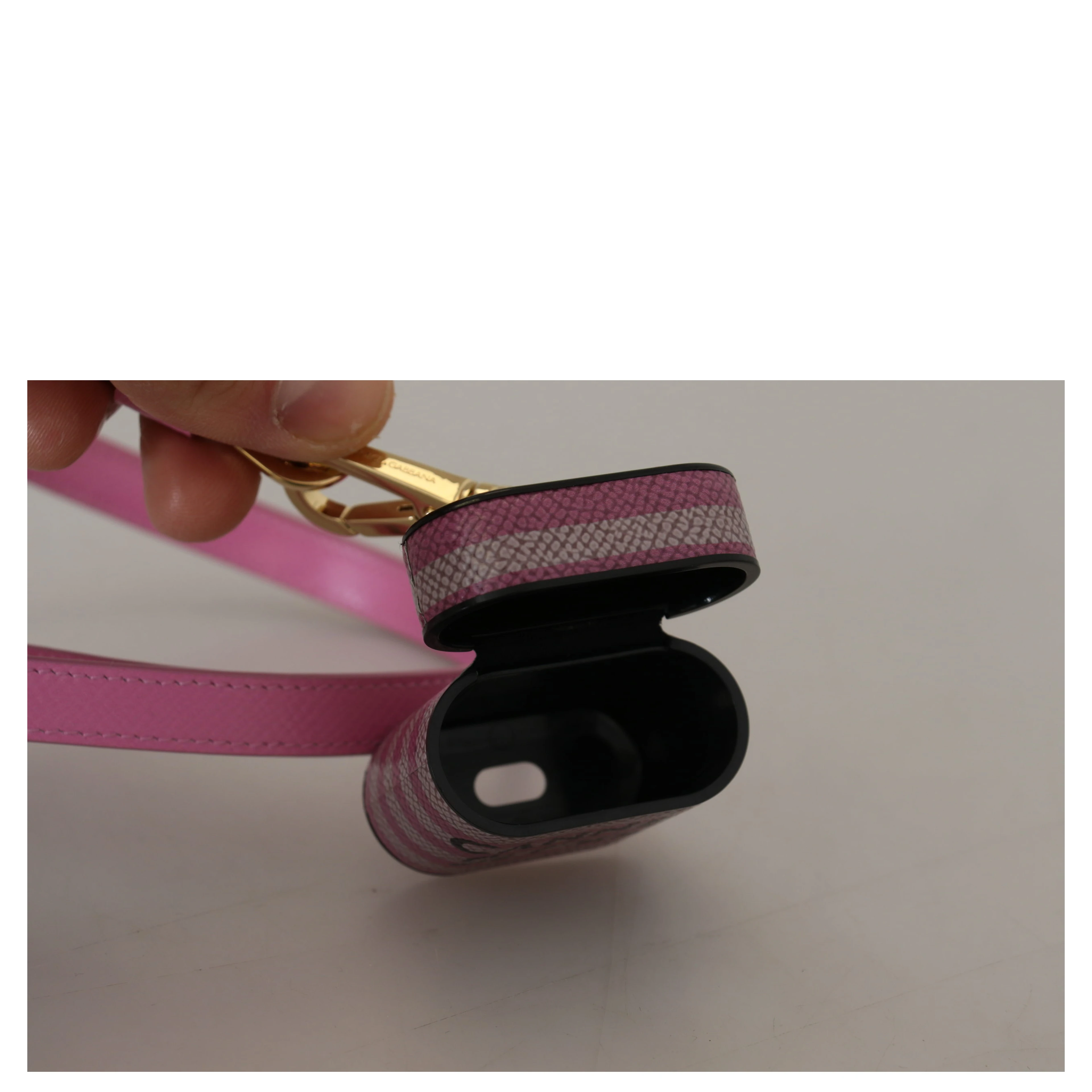 Pink Black Leather Strap Gold Metal Logo Airpods Case