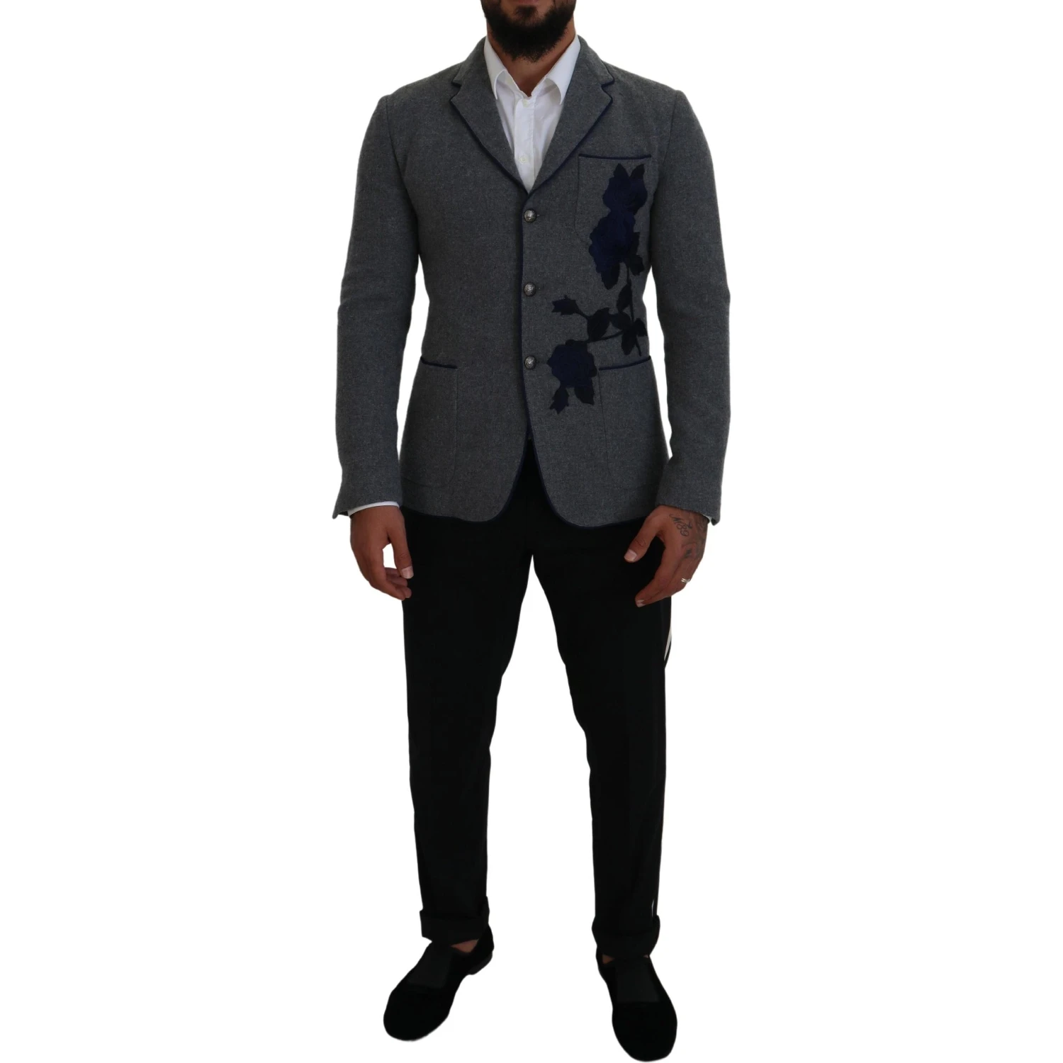 Gray Wool Roses Slim Fit Jacket Blazer