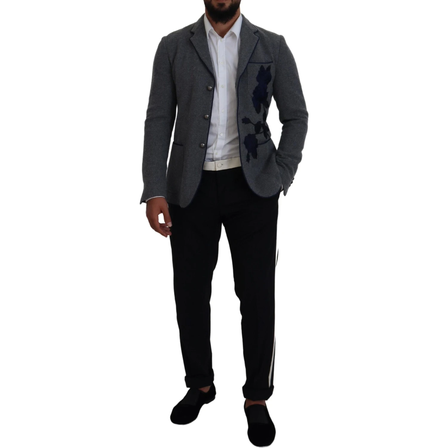 Gray Wool Roses Slim Fit Jacket Blazer