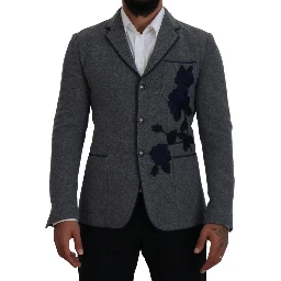 Gray Wool Roses Slim Fit Jacket Blazer