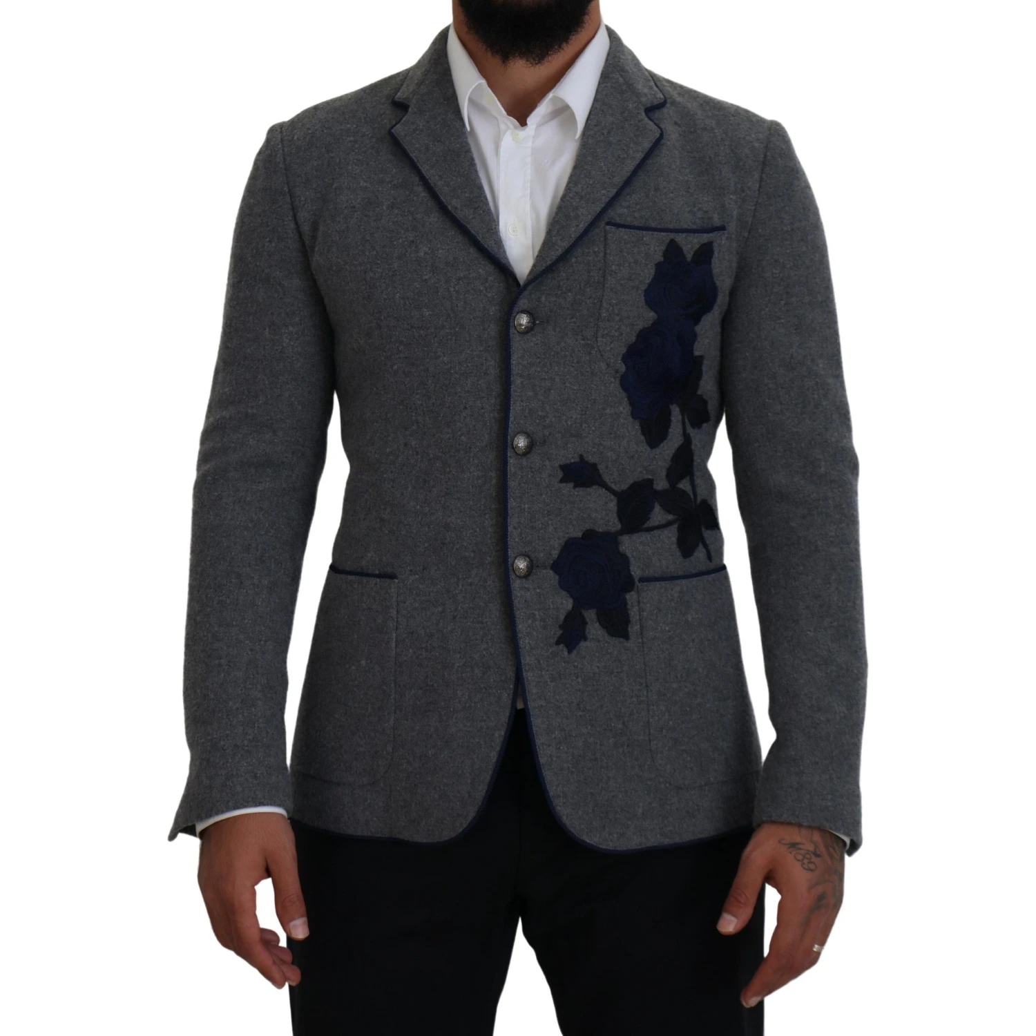 Gray Wool Roses Slim Fit Jacket Blazer
