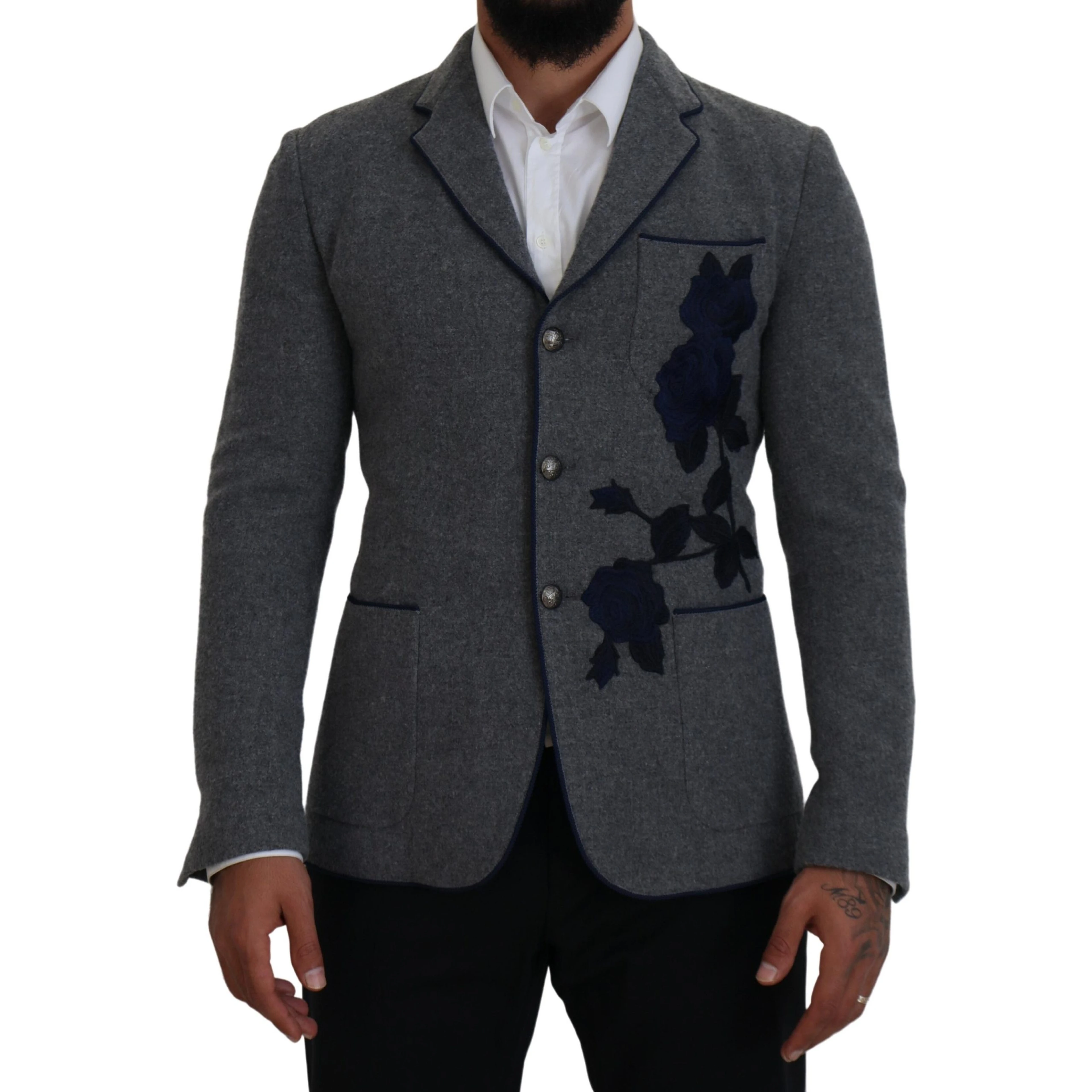 Gray Wool Roses Slim Fit Jacket Blazer