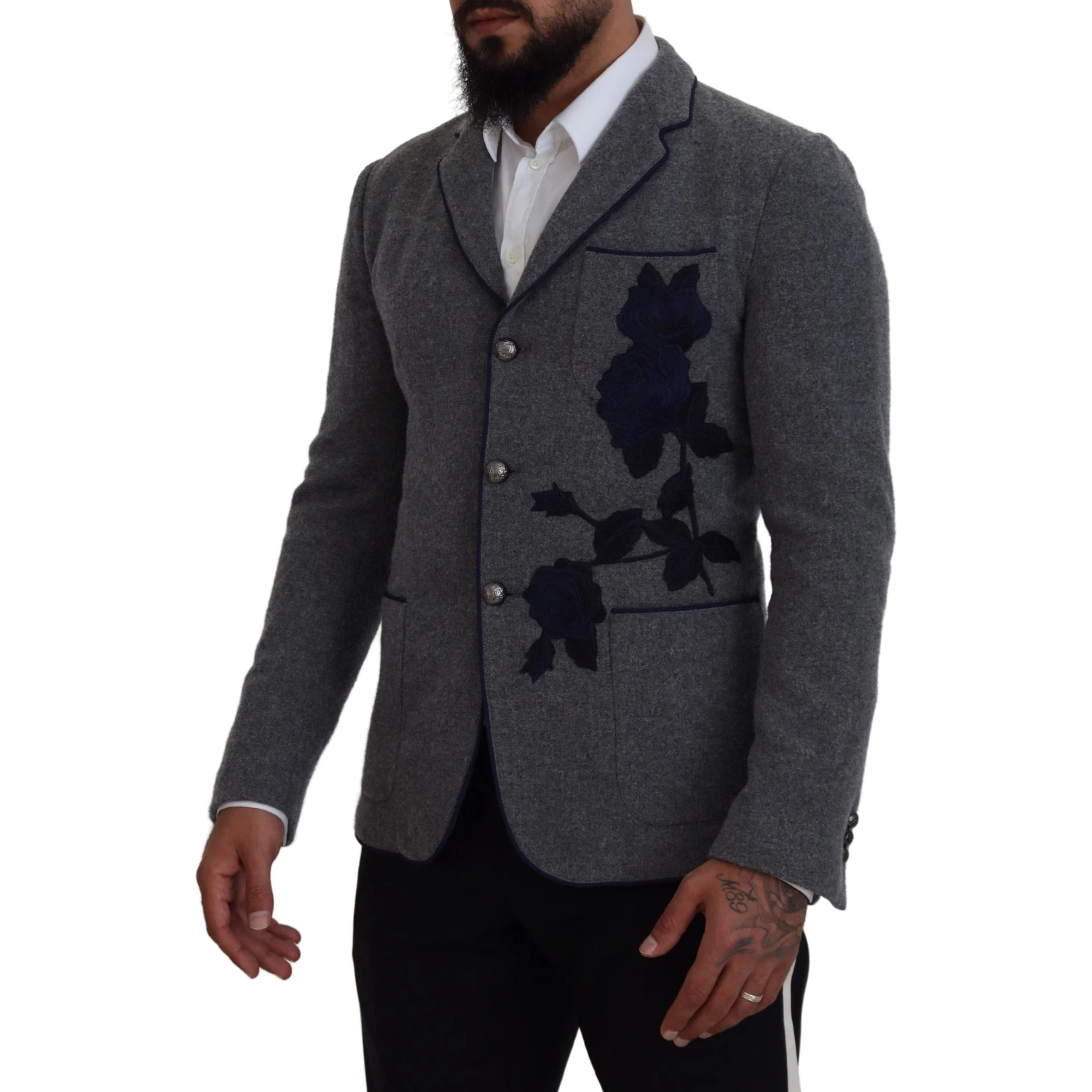 Gray Wool Roses Slim Fit Jacket Blazer