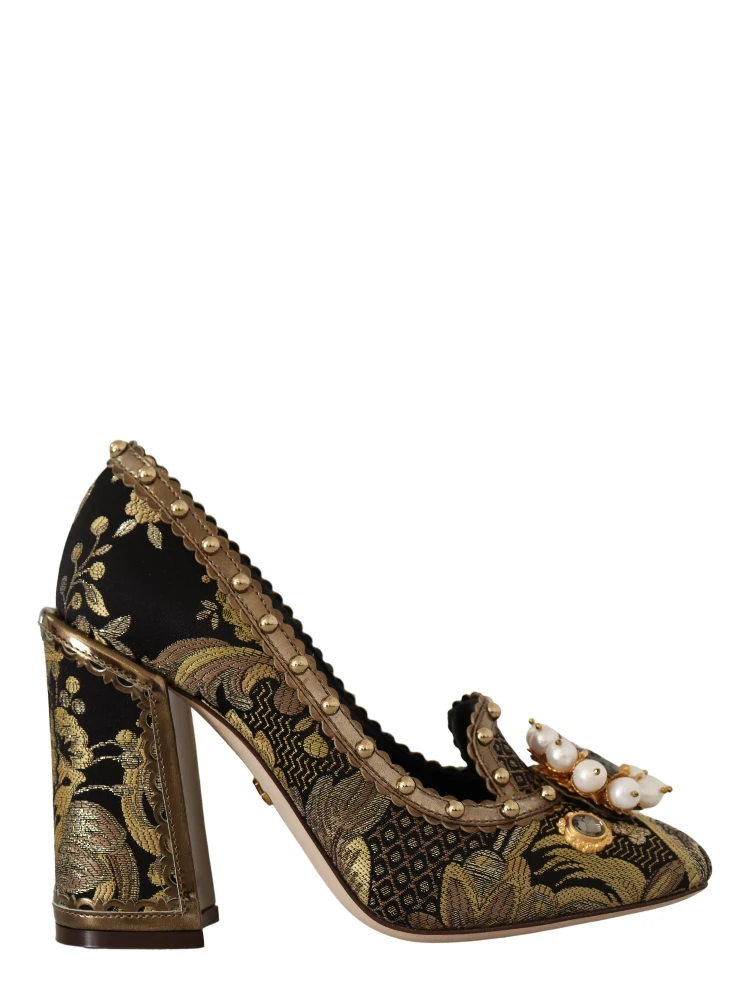 Gold Crystal Square Toe Brocade Pumps Shoes