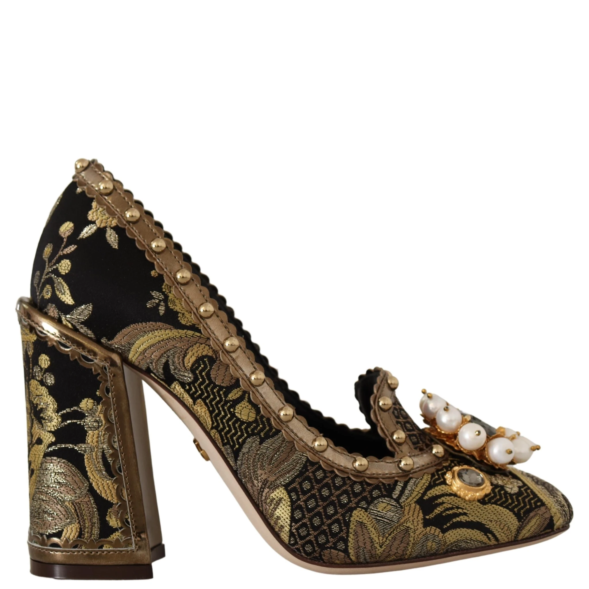 Gold Crystal Square Toe Brocade Pumps Shoes