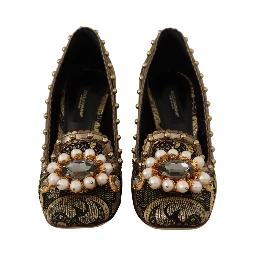 Gold Crystal Square Toe Brocade Pumps Shoes