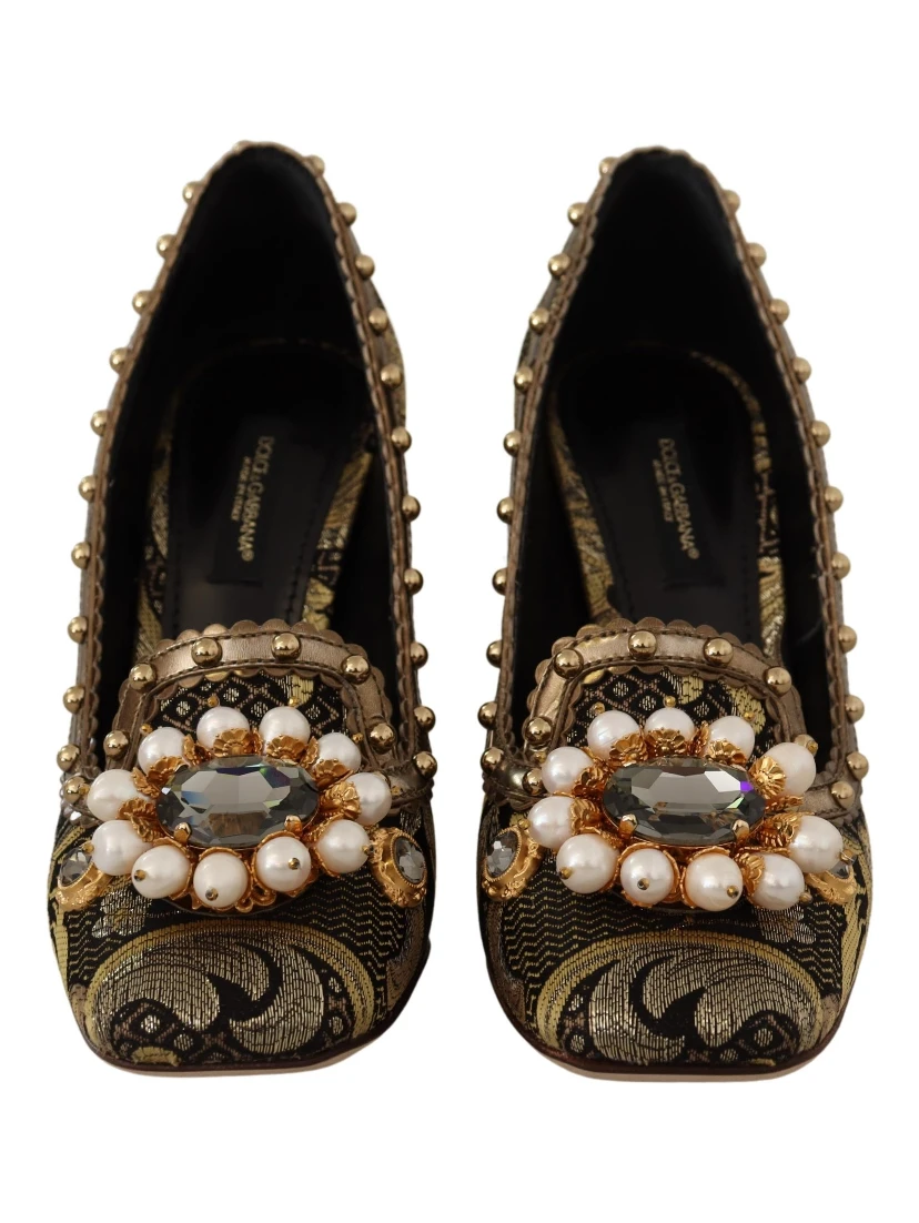 Gold Crystal Square Toe Brocade Pumps Shoes