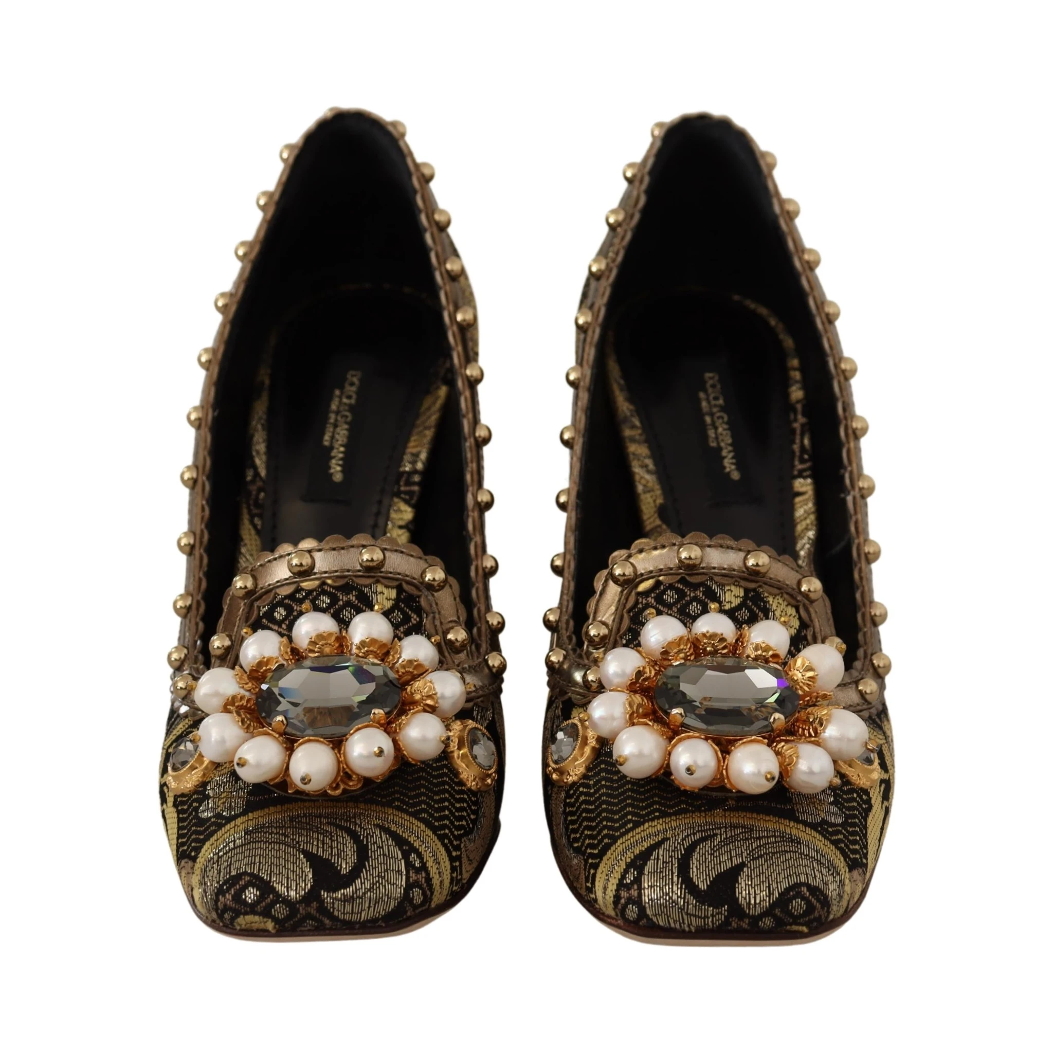 Gold Crystal Square Toe Brocade Pumps Shoes