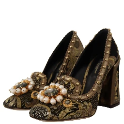 Gold Crystal Square Toe Brocade Pumps Shoes