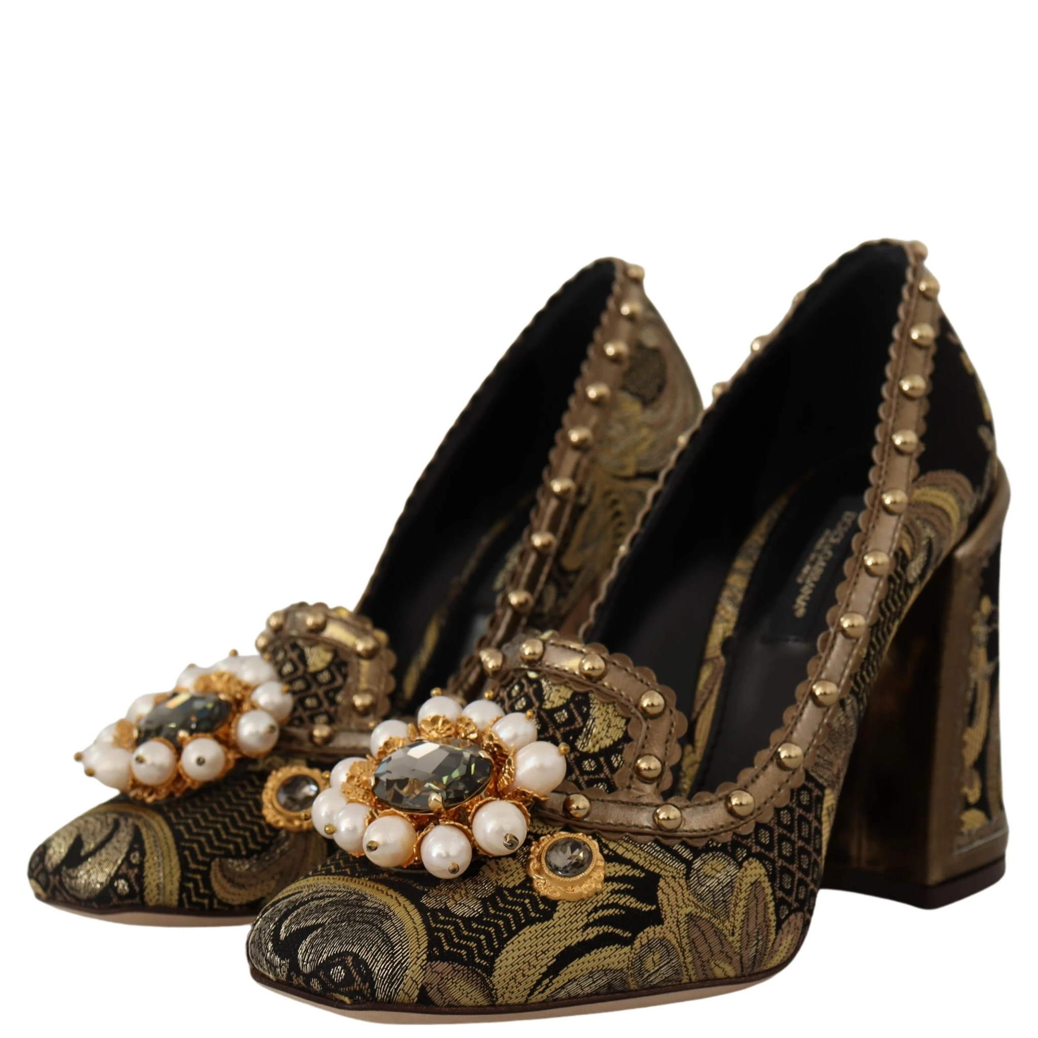 Gold Crystal Square Toe Brocade Pumps Shoes